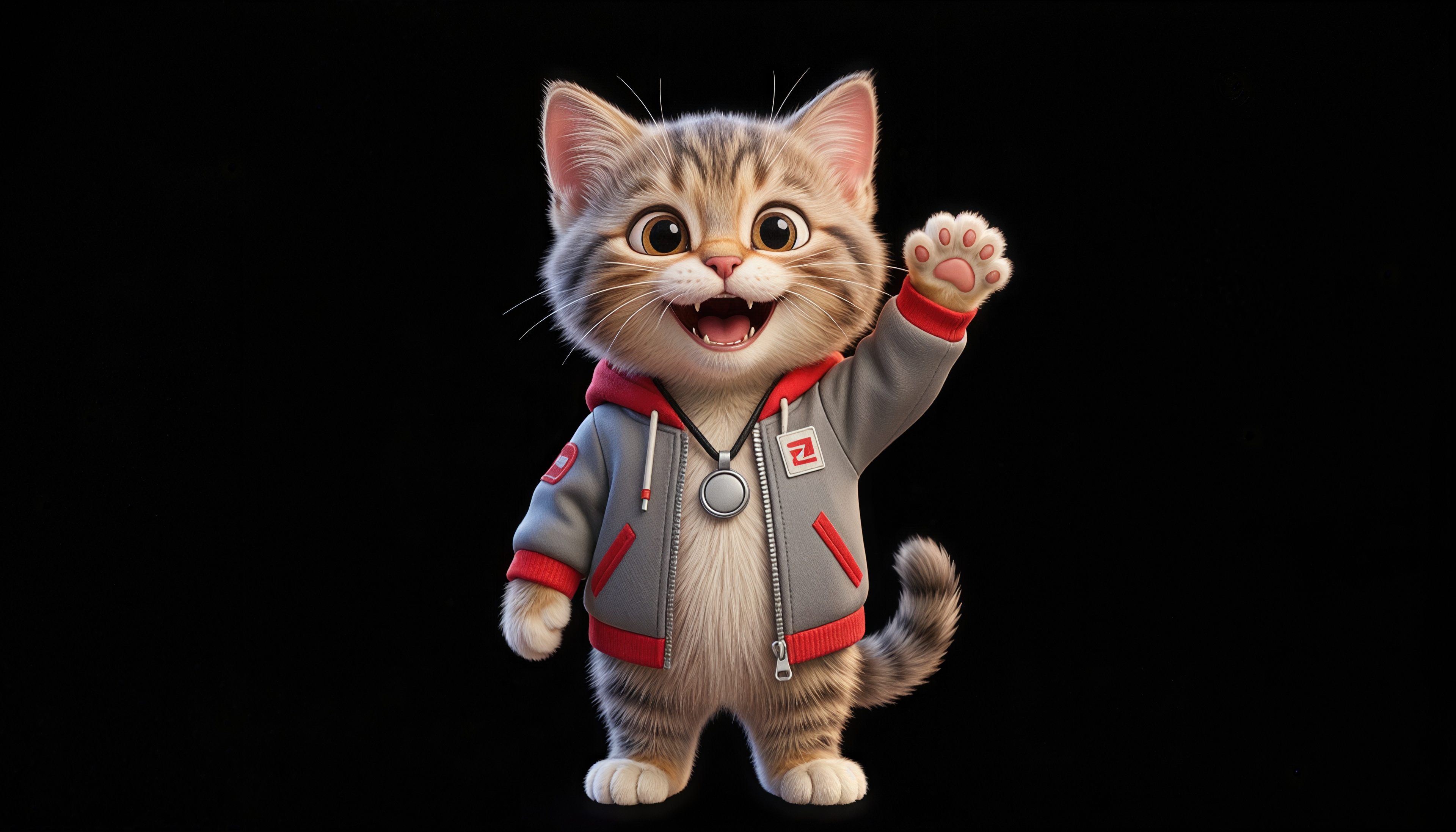 Free photo A cute striped kitten in a gray-red sports hoodie waves its paw affably against a black background.