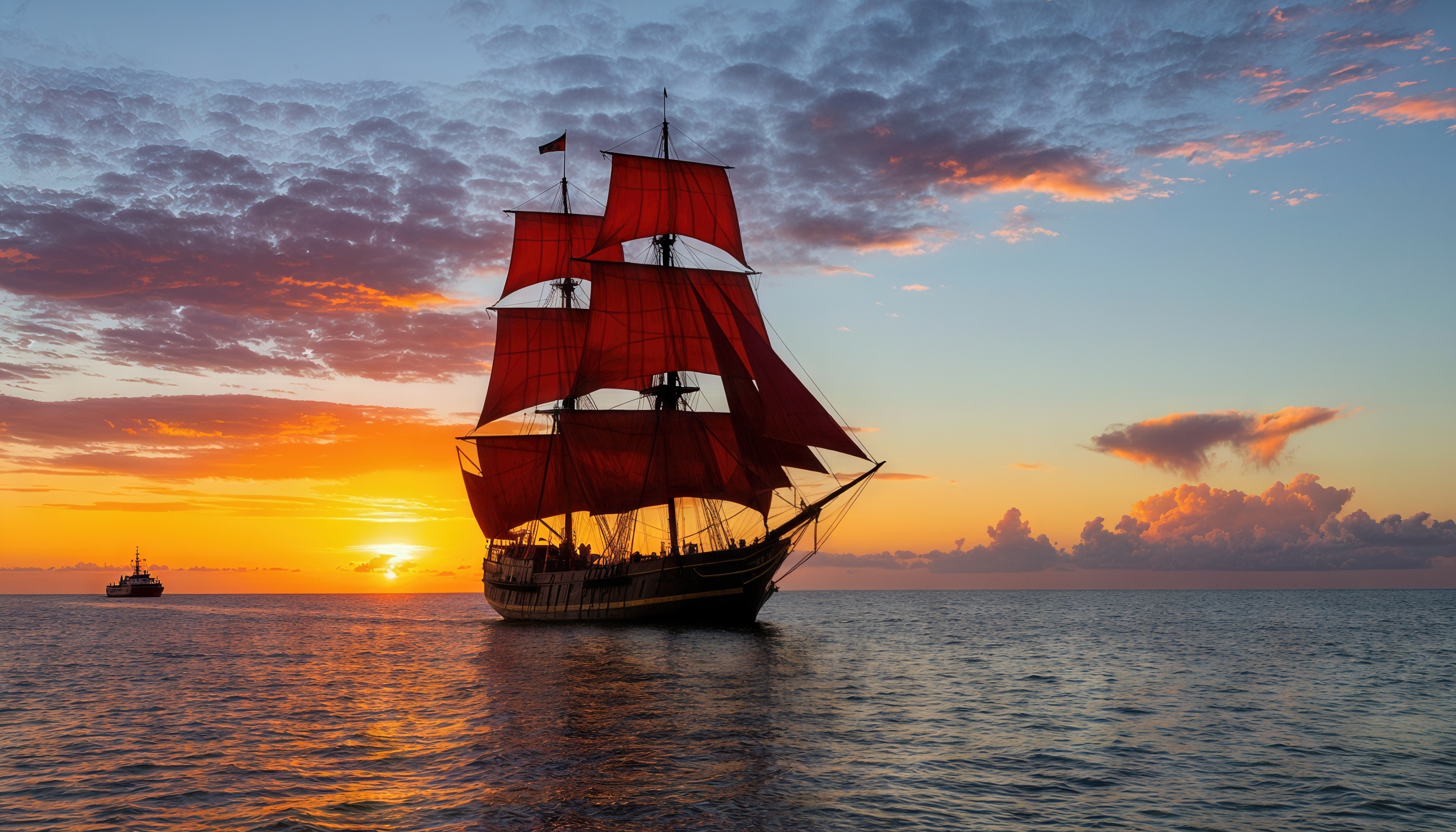 Бесплатное фото Романтический морской пейзаж с парусником на закате.