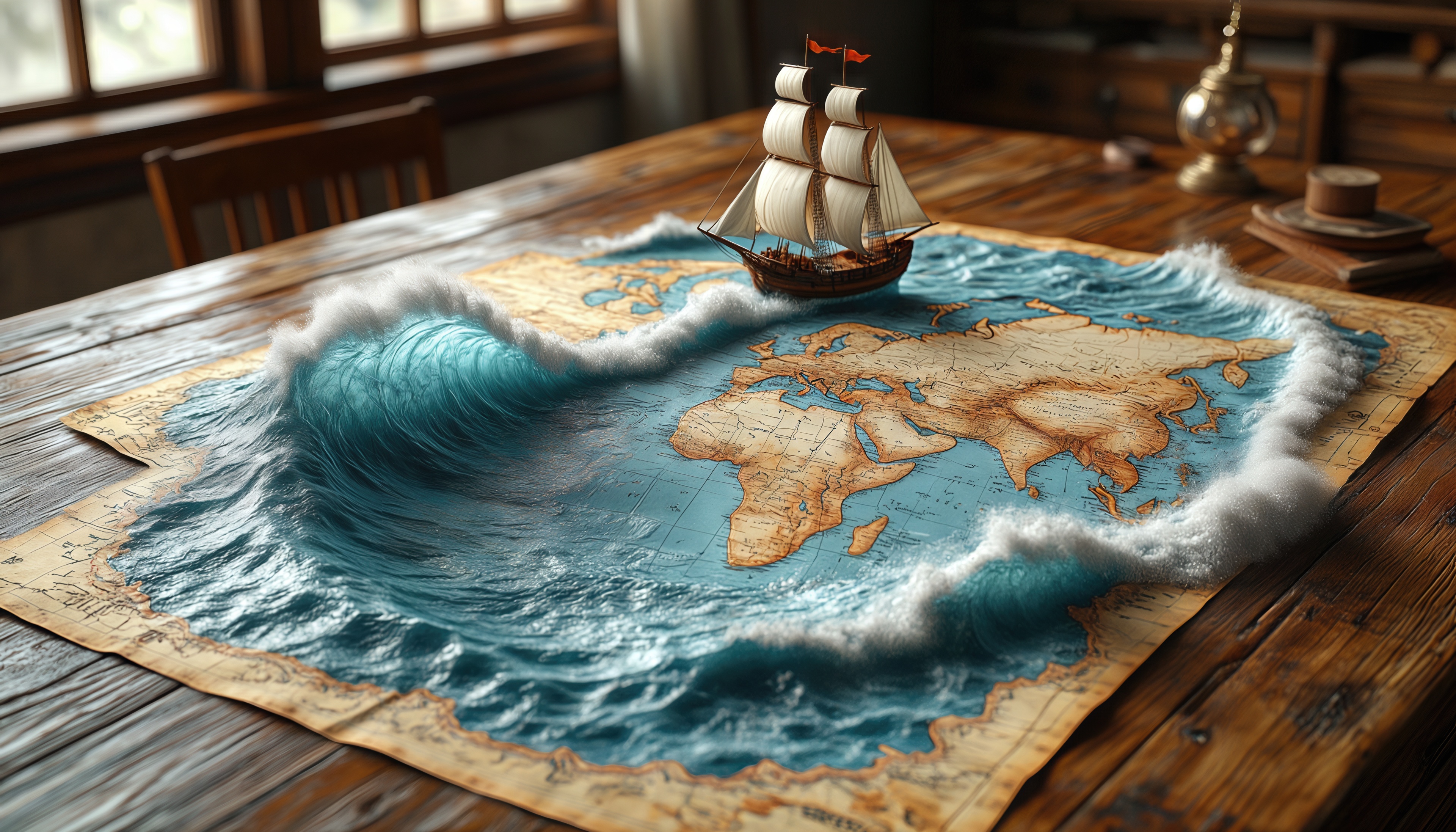 Карта мира превращается в океан с волнами, на котором плывет парусный корабль.