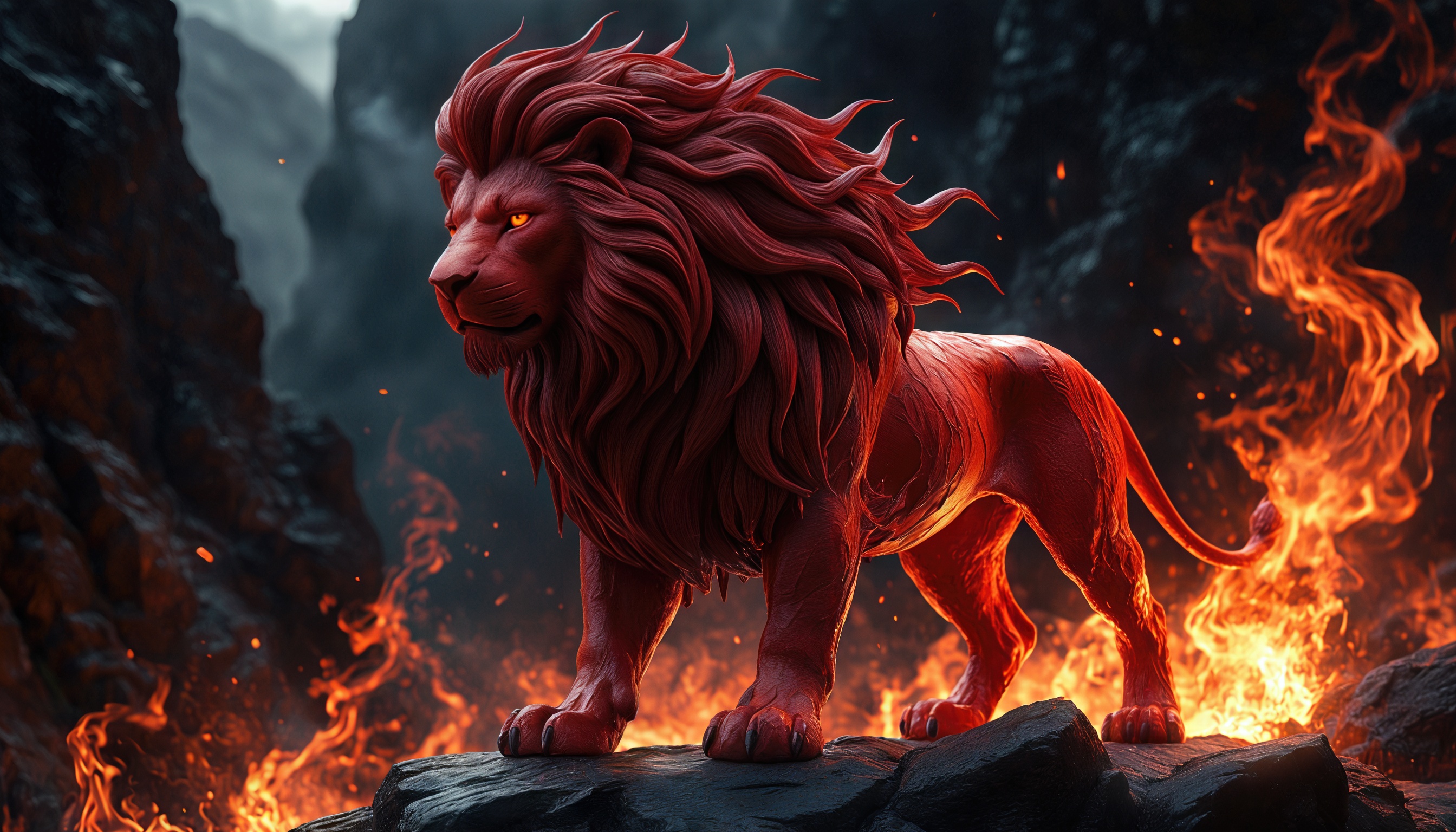 Бесплатное фото Огненный лев на каменной платформе, окруженный пламенем.