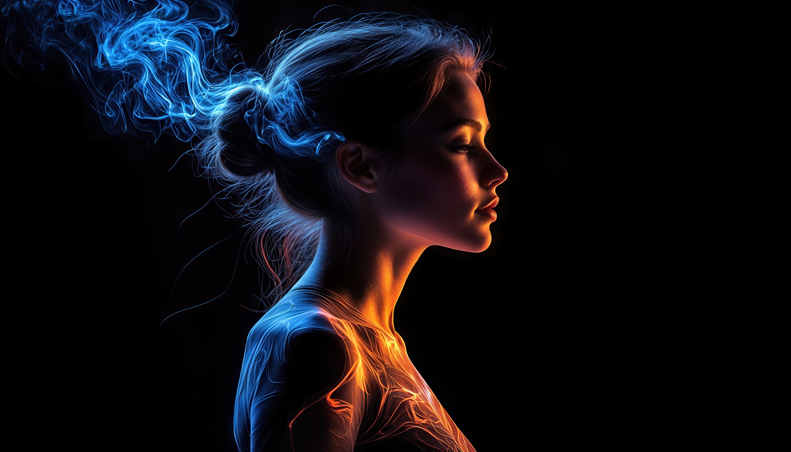 Free photo A girl in profile with a bunch of hair from which glowing blue smoke rises.