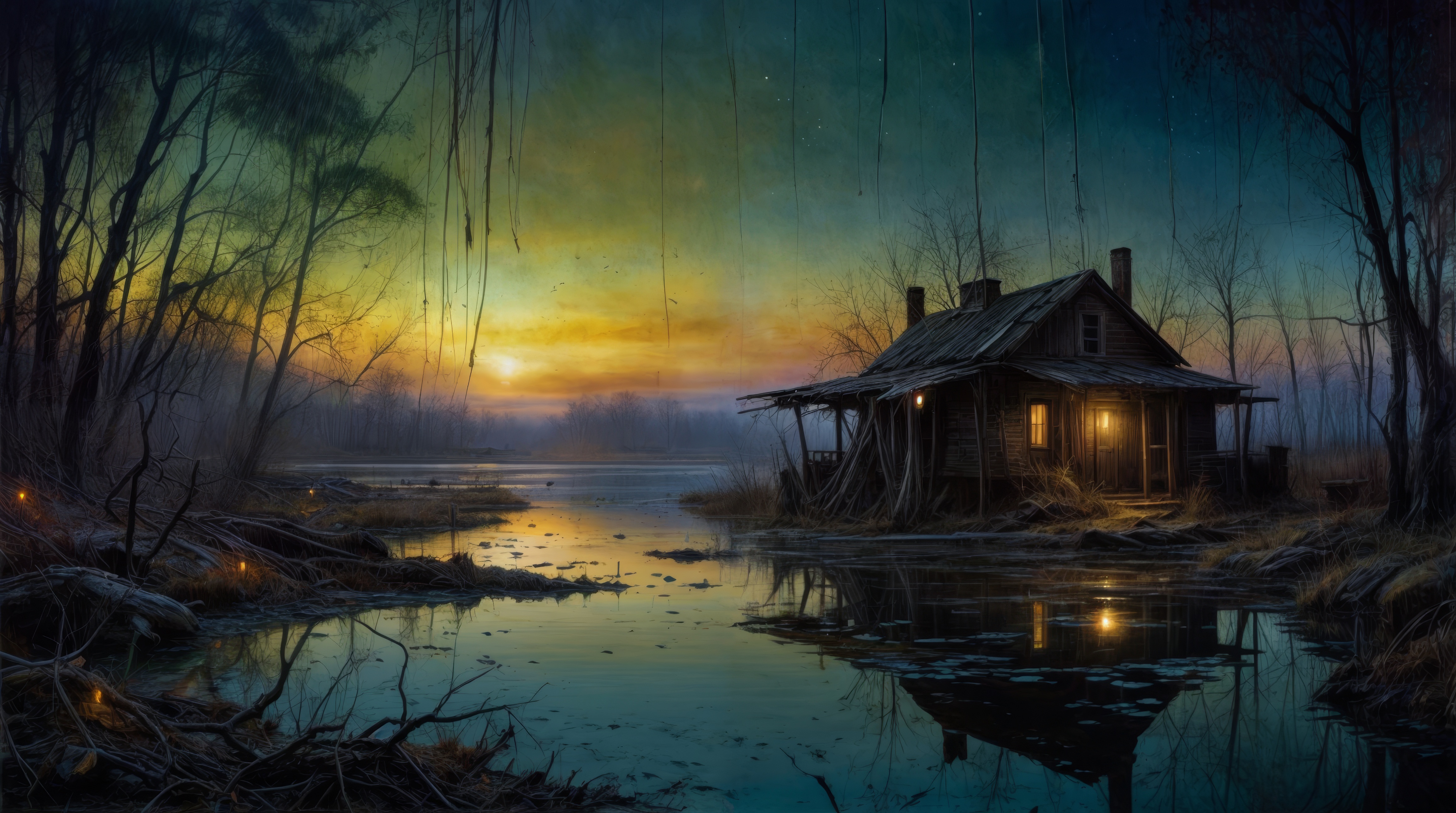 Картина с изображением дома, окруженного водой.