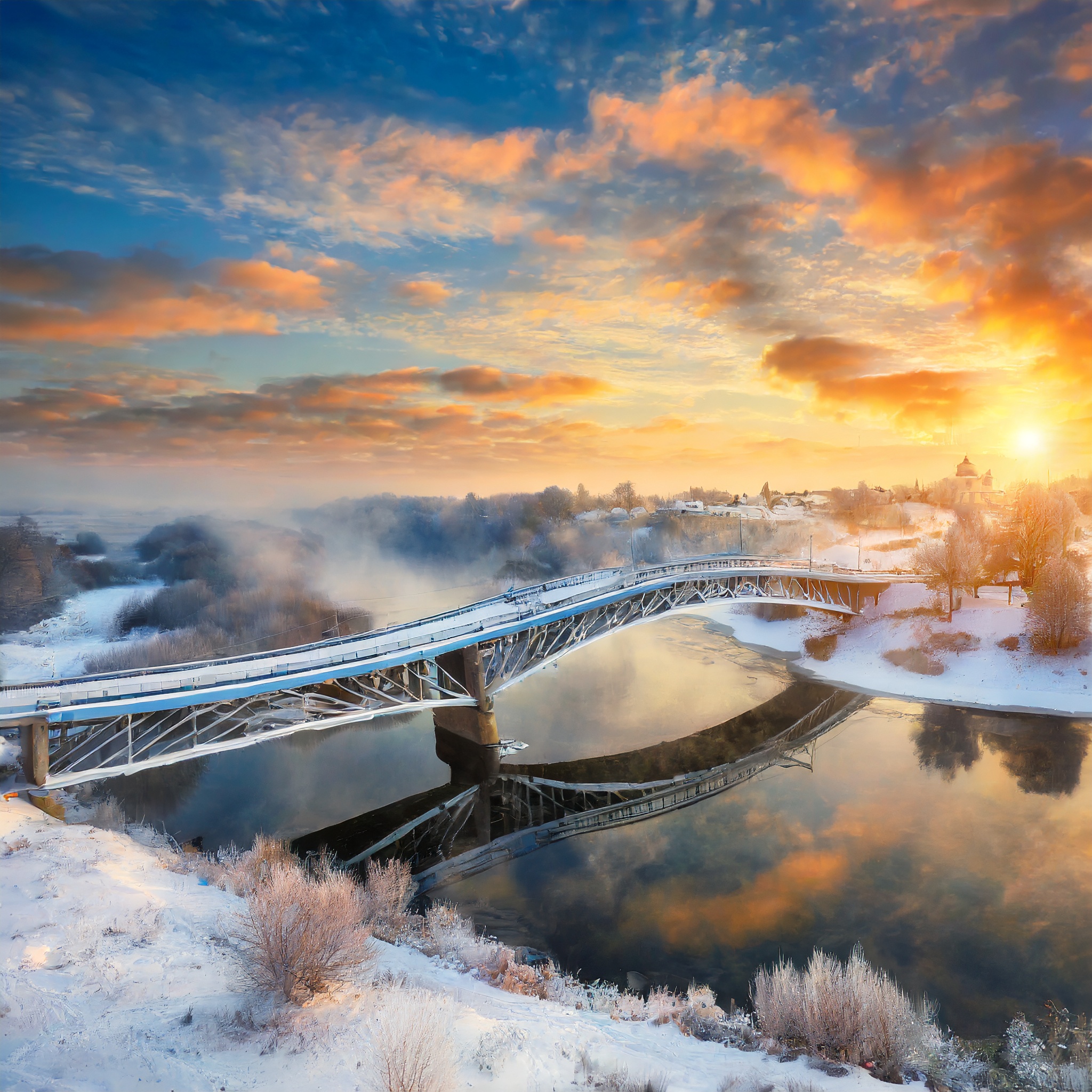 Free photo A bright dawn over the river in winter