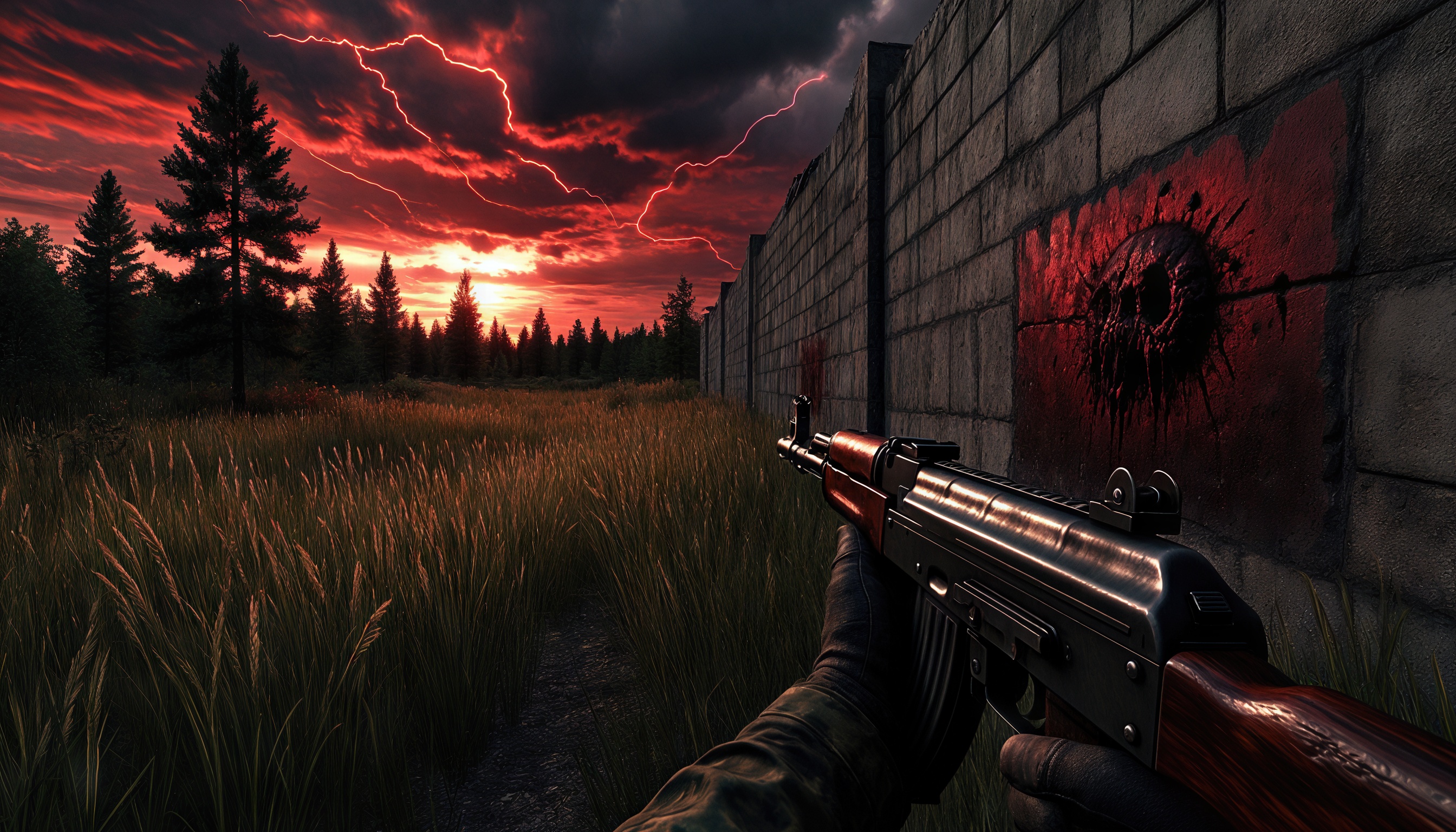 Бесплатное фото Арт по игре STALKER с персонажем, держащим оружие, на фоне грозового неба и леса.