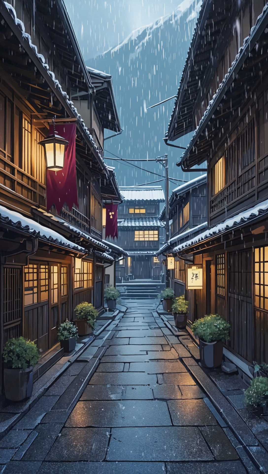 Бесплатное фото Пейзаж зимой идёт снег на улицах древнего города, горят фонари