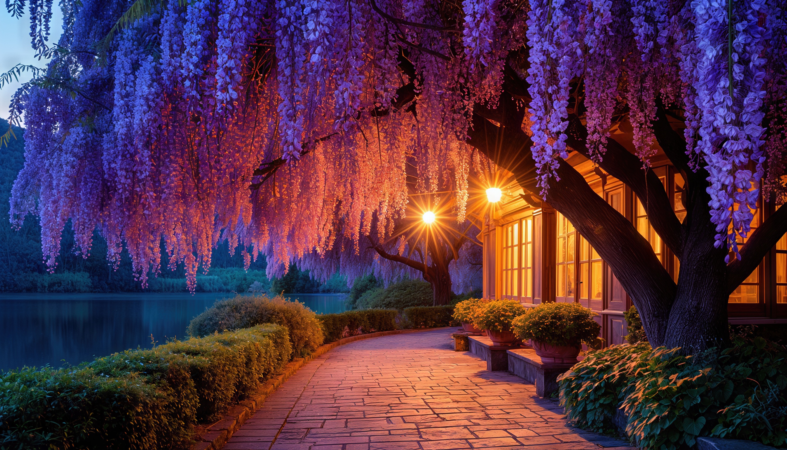 Вечерний сад с цветущими глициниями, освещенный искусственным светом.