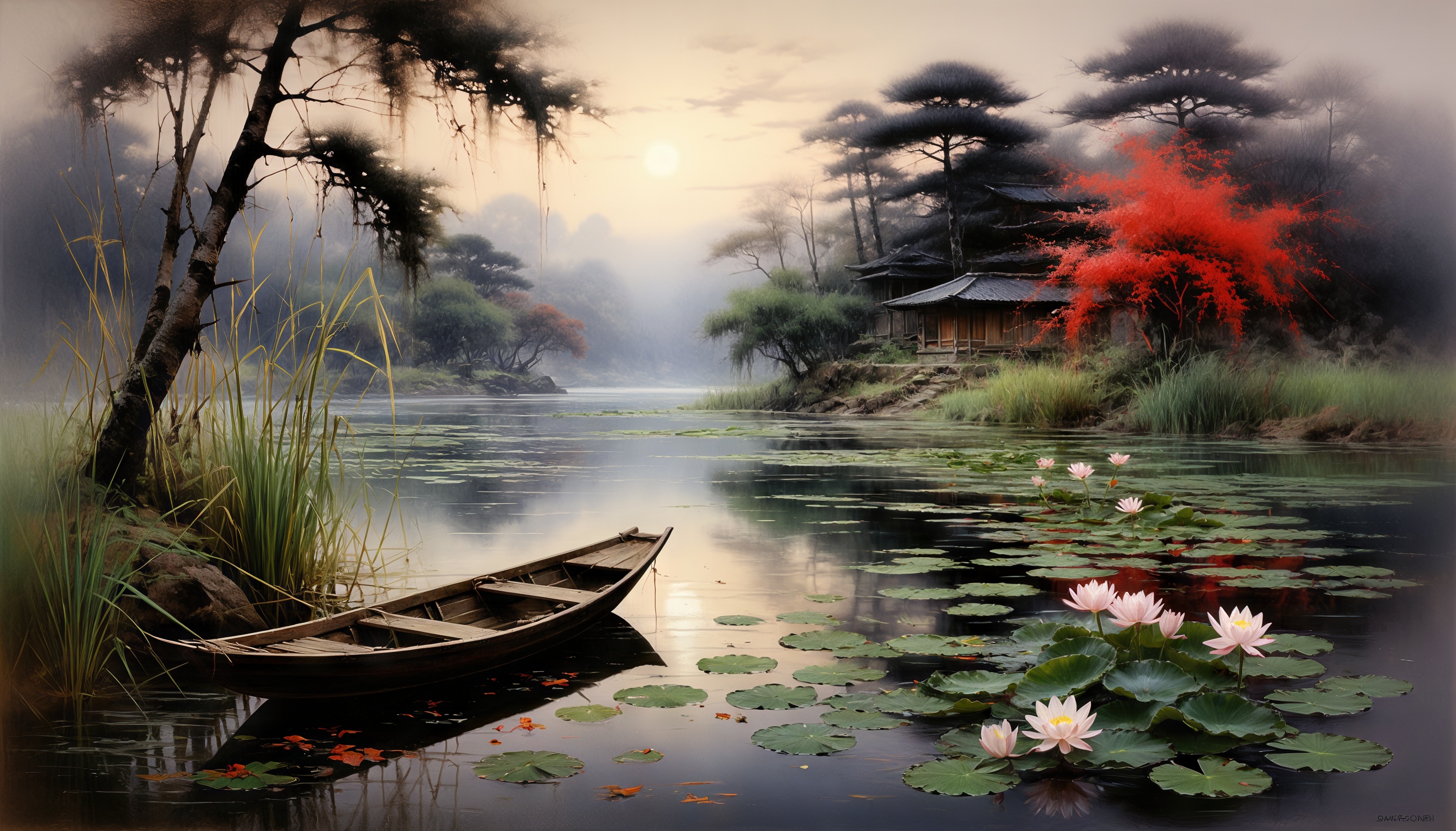 Тихий японский пейзаж с озером, лодкой, кувшинками и традиционным зданием на фоне облачного неба.