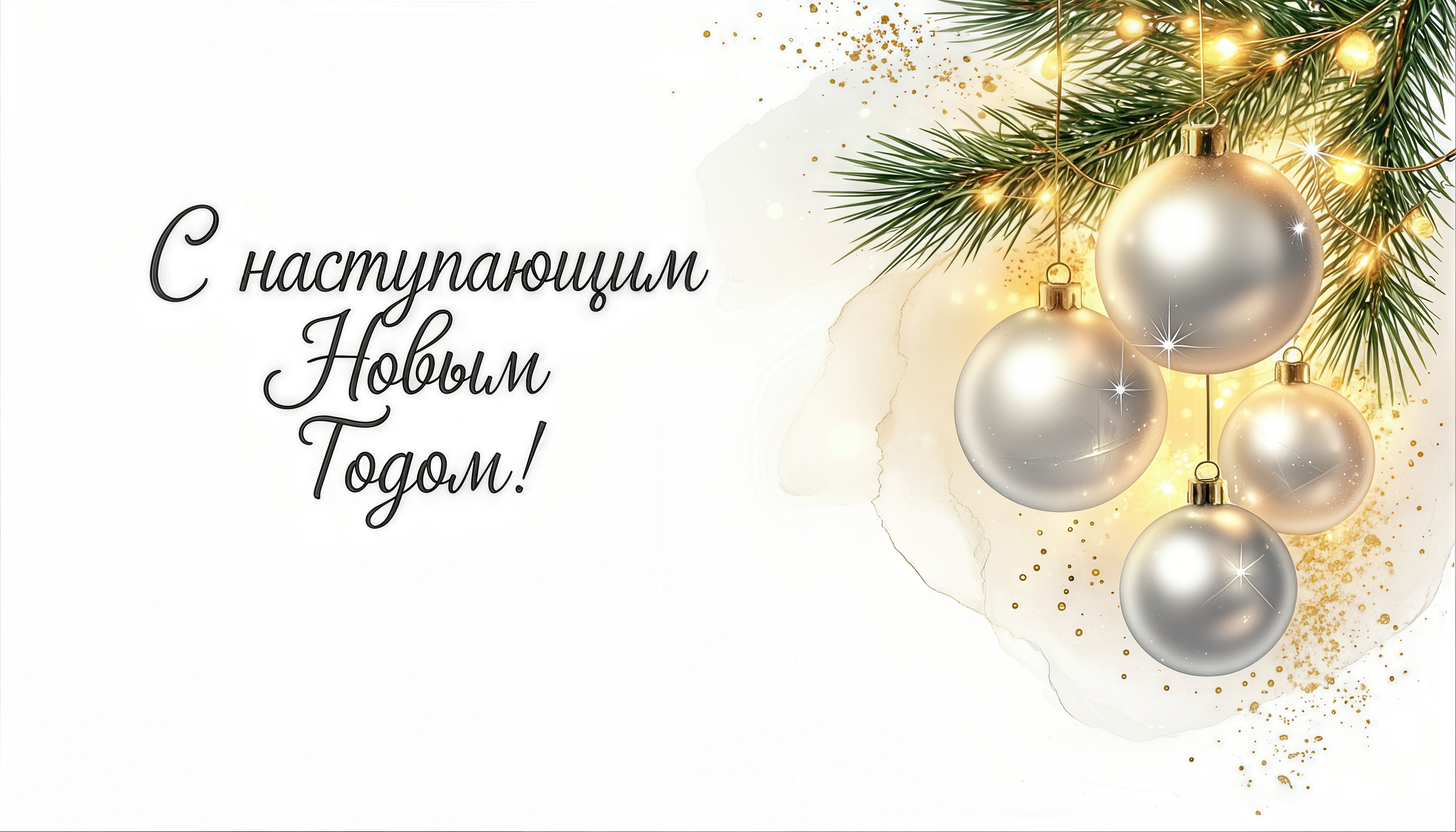 Бесплатная открытка Элегантная новогодняя открытка с шарами и еловыми ветками.