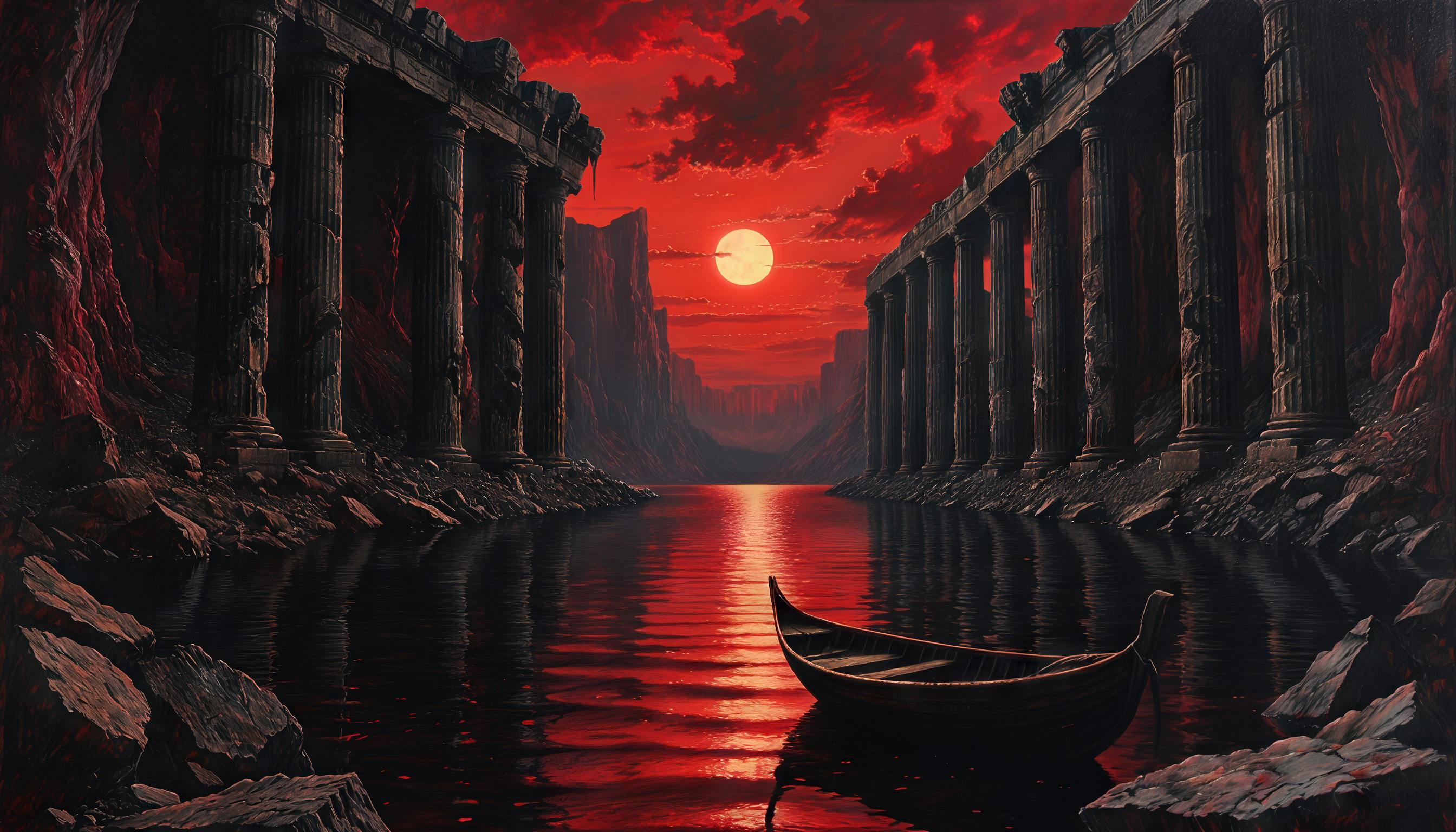 Бесплатное фото В багряном свете заката лодка дремлет у руин храма, отражая в воде величие древних колонн.