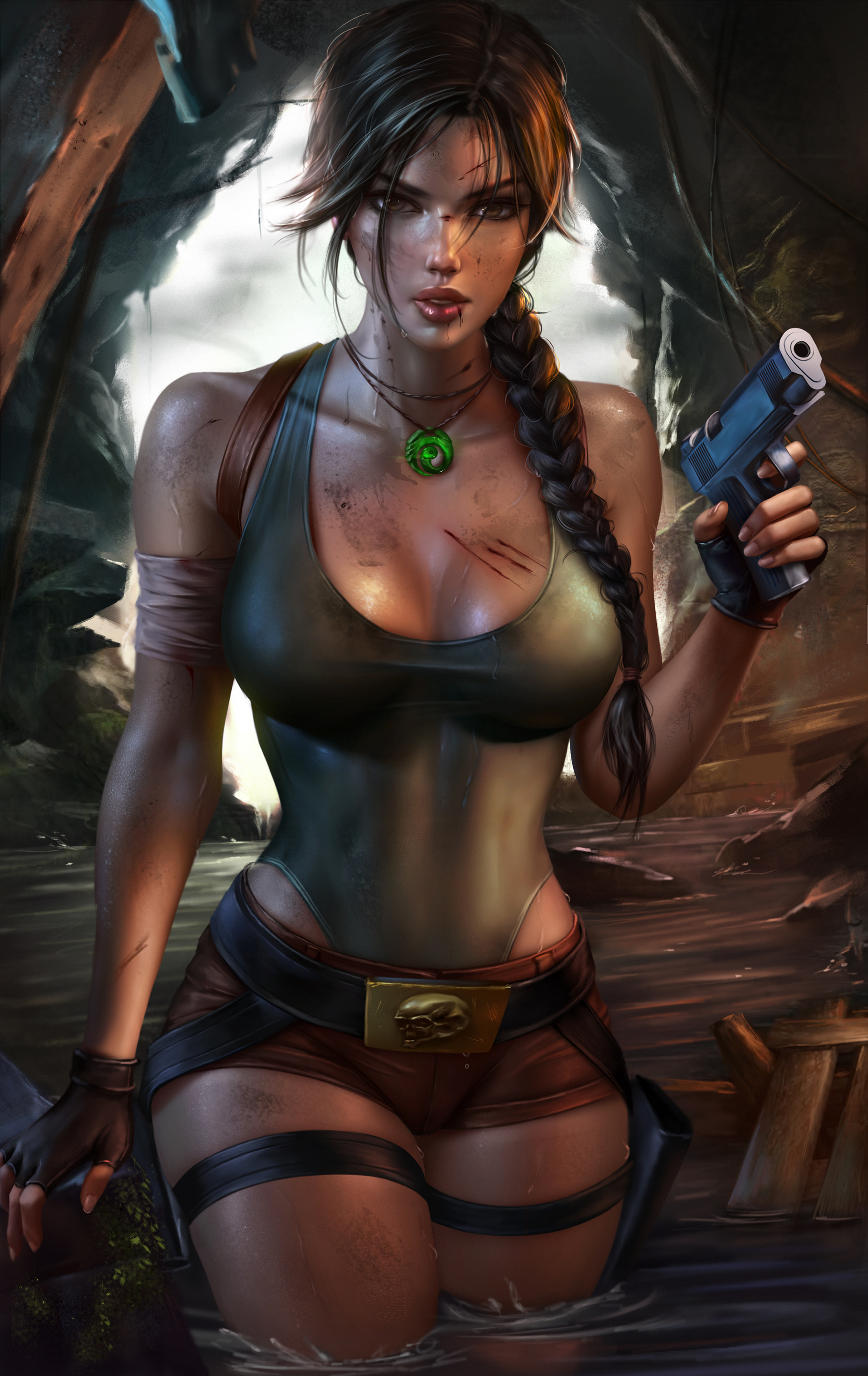 Free photo Lara Croft in a water cave