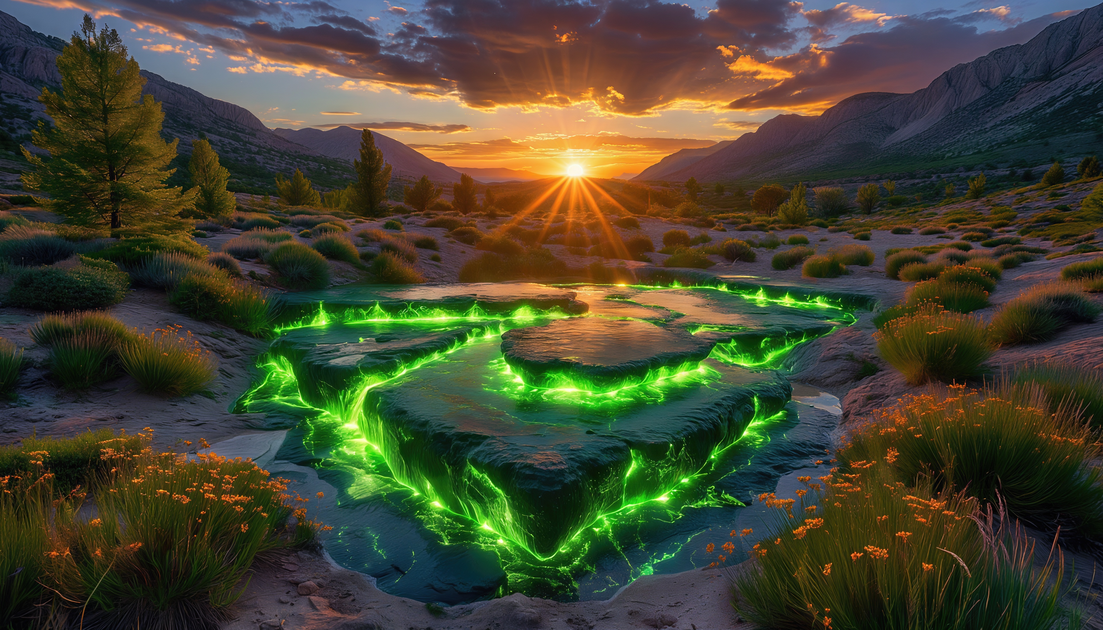免费照片一个迷人的日落在山景与神秘发光的河流。