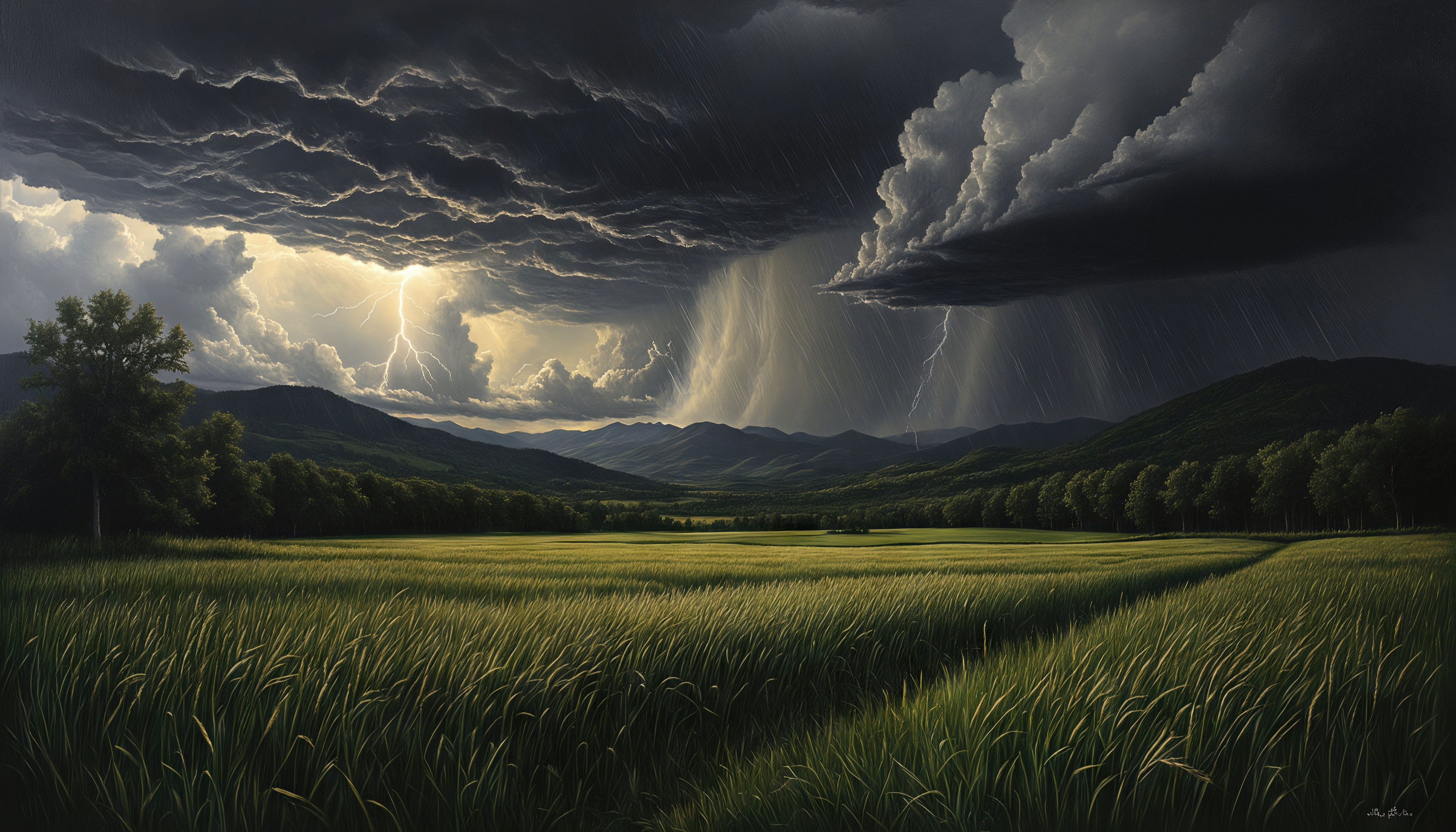 免费照片雷鸣笼罩着一片绿色的田野,闪电划破天空.