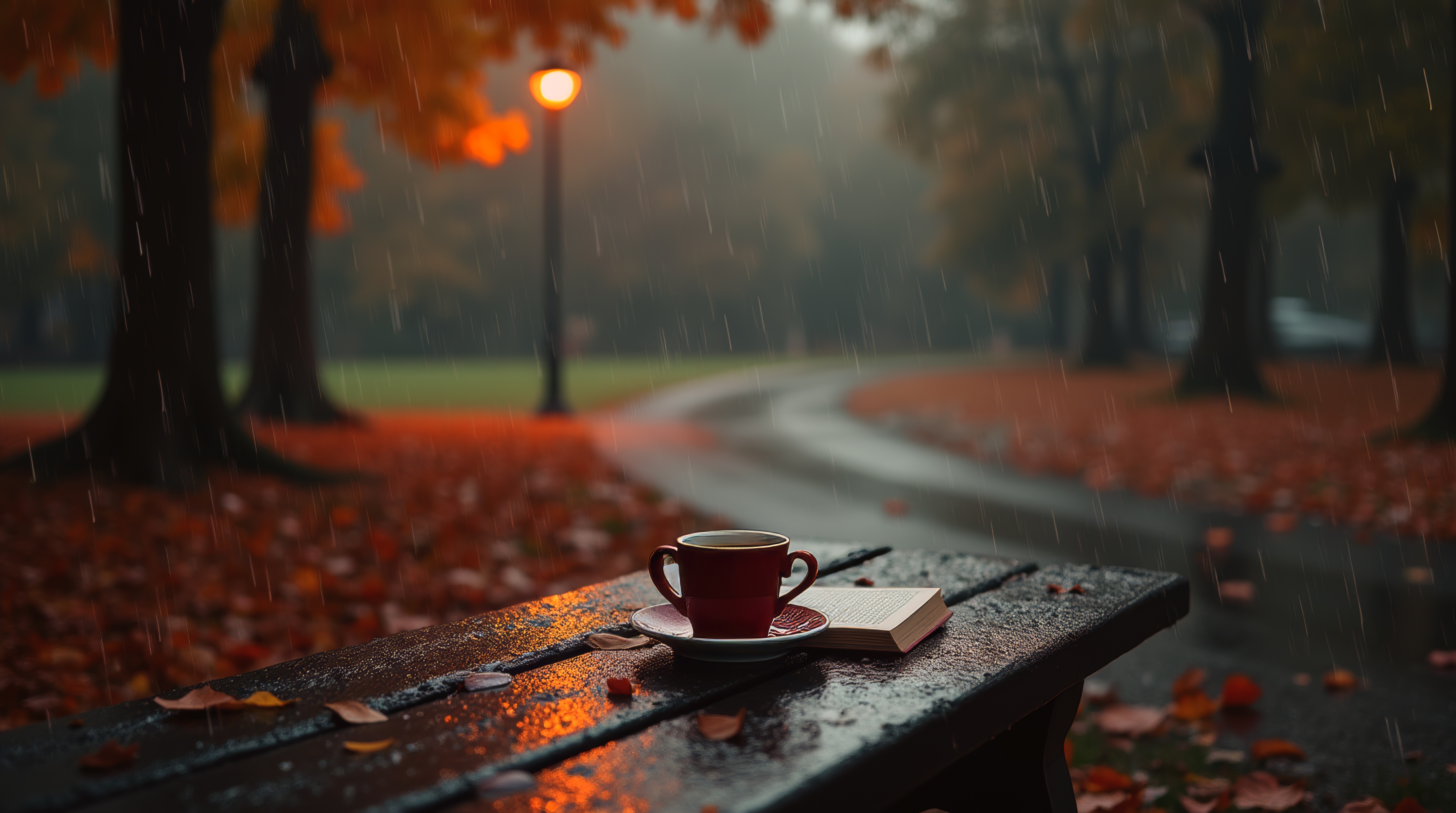 Открытая книга и чашка стоят на столе в парке.