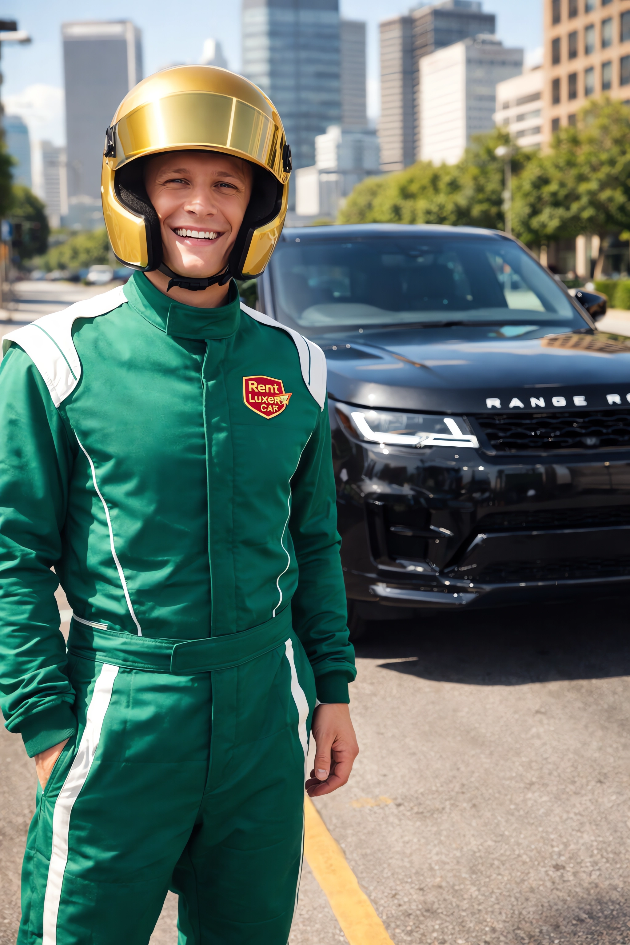 免费照片在城市街道上的汽车附近的战斗夹克和头盔的赛车手