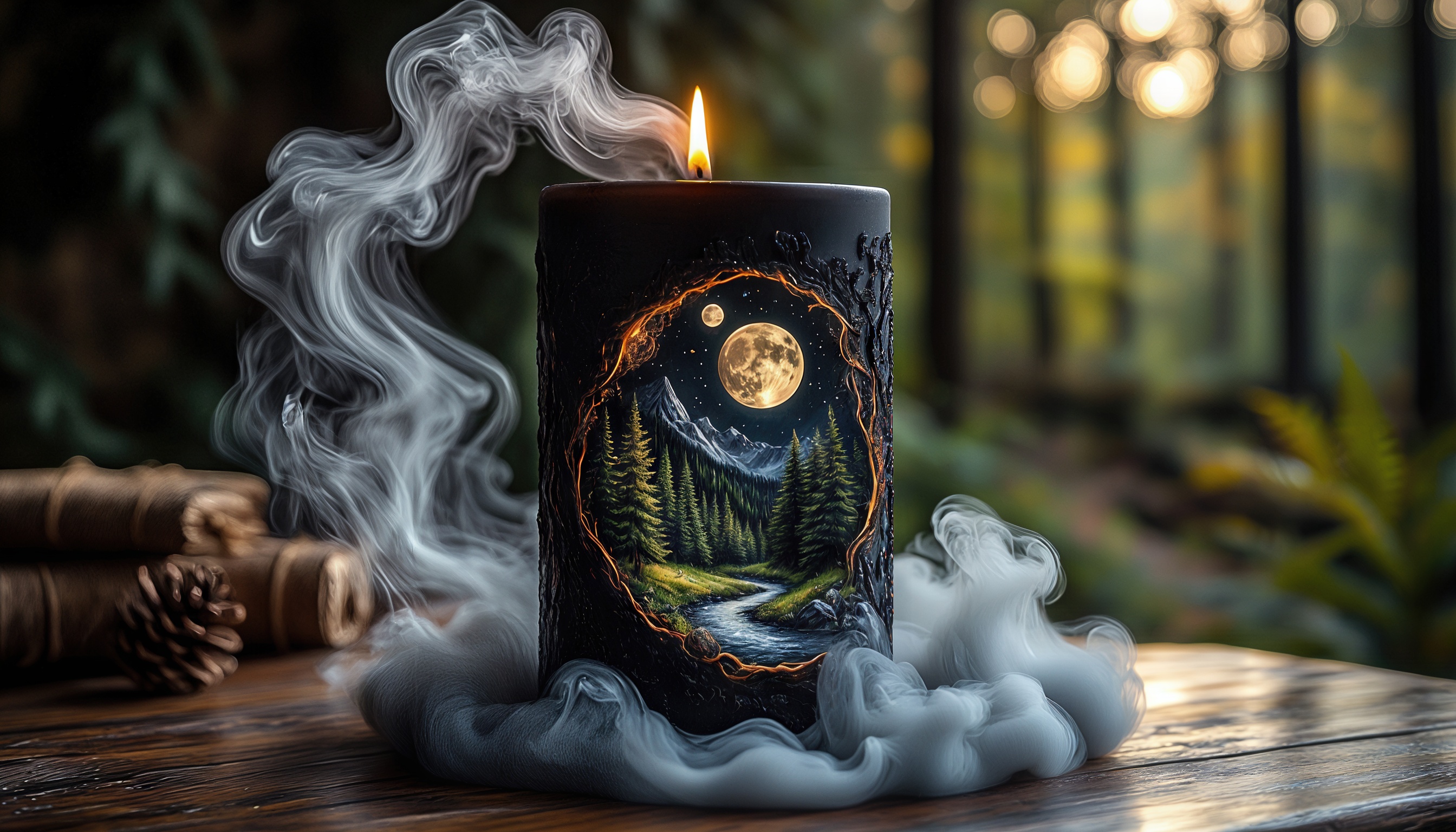 Горящая свеча с изображением ночного леса на деревянной поверхности создает атмосферу уюта и спокойствия.