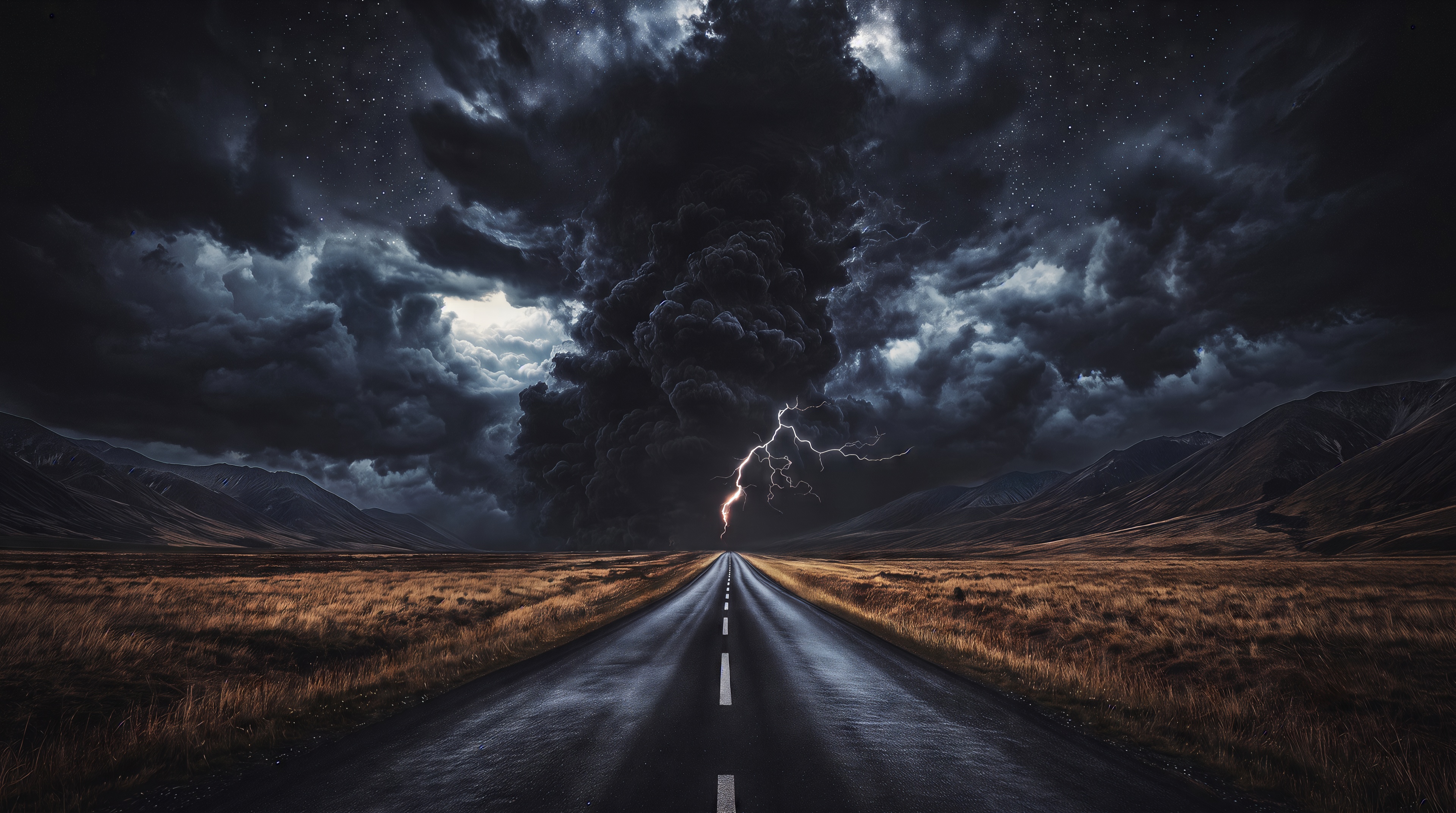 An empty road leads to the epicenter of a powerful thunderstorm with lightning and a giant tornado of clouds.