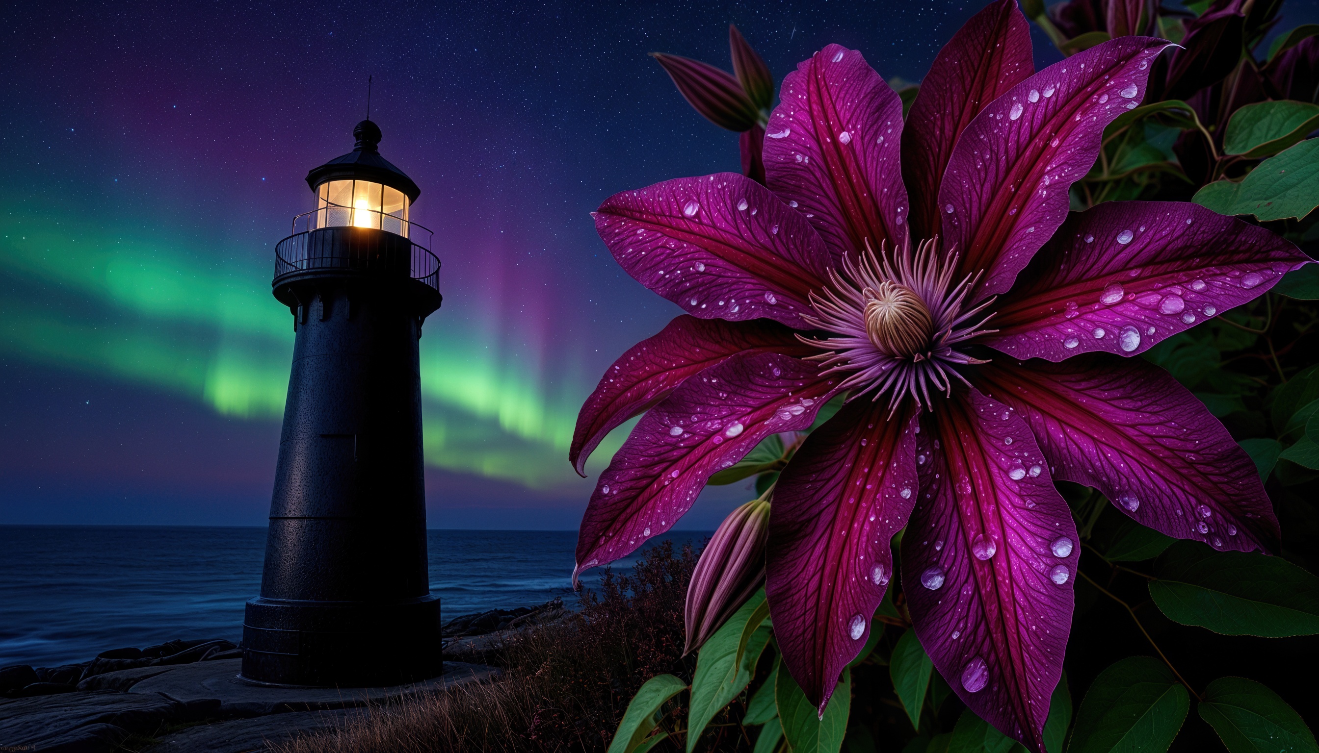 Бесплатное фото Маяк на фоне северного сияния и крупный цветок Ниобе с каплями воды.