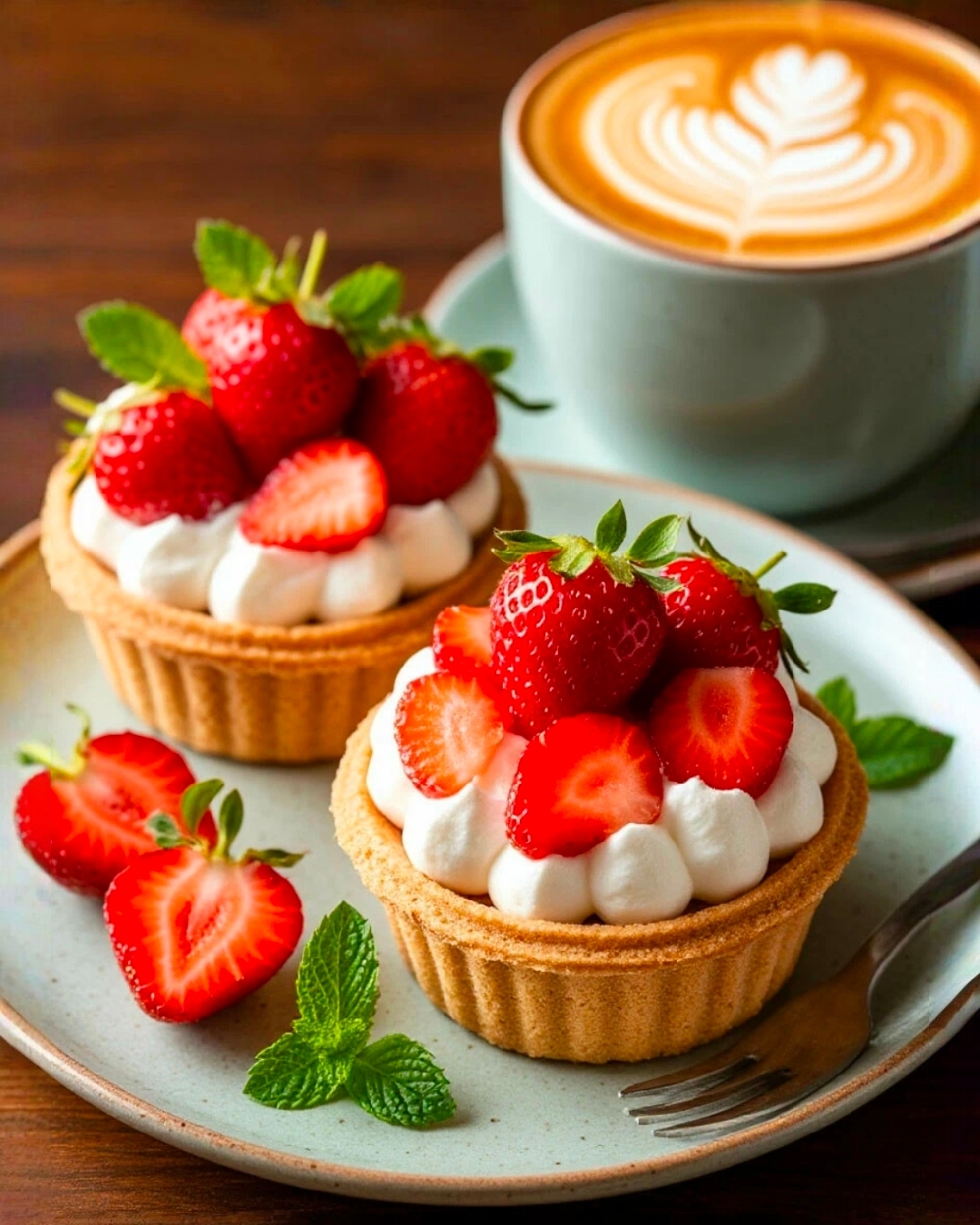 Free photo Two delicious strawberry tartlets and a cup of latte art coffee on a wooden table