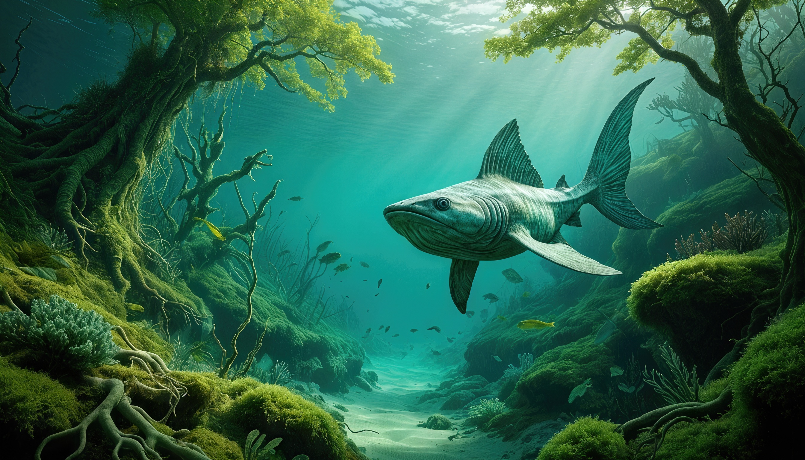 Бесплатное фото Величественная доисторическая рыба скользит сквозь изумрудный подводный лес, озаряемая солнечными лучами.