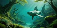 Величественная доисторическая рыба скользит сквозь изумрудный подводный лес, озаряемая солнечными лучами.