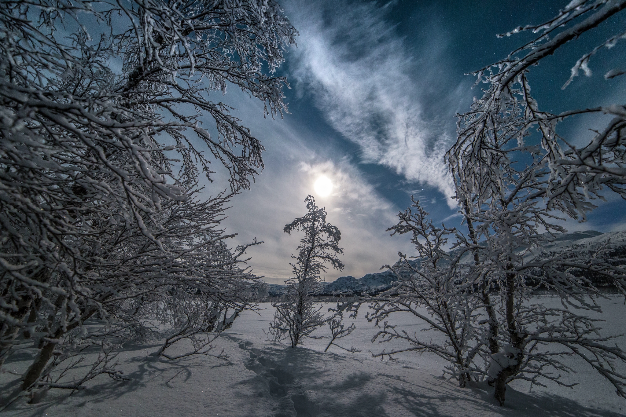 桌面上的壁纸雪 晚上 山区