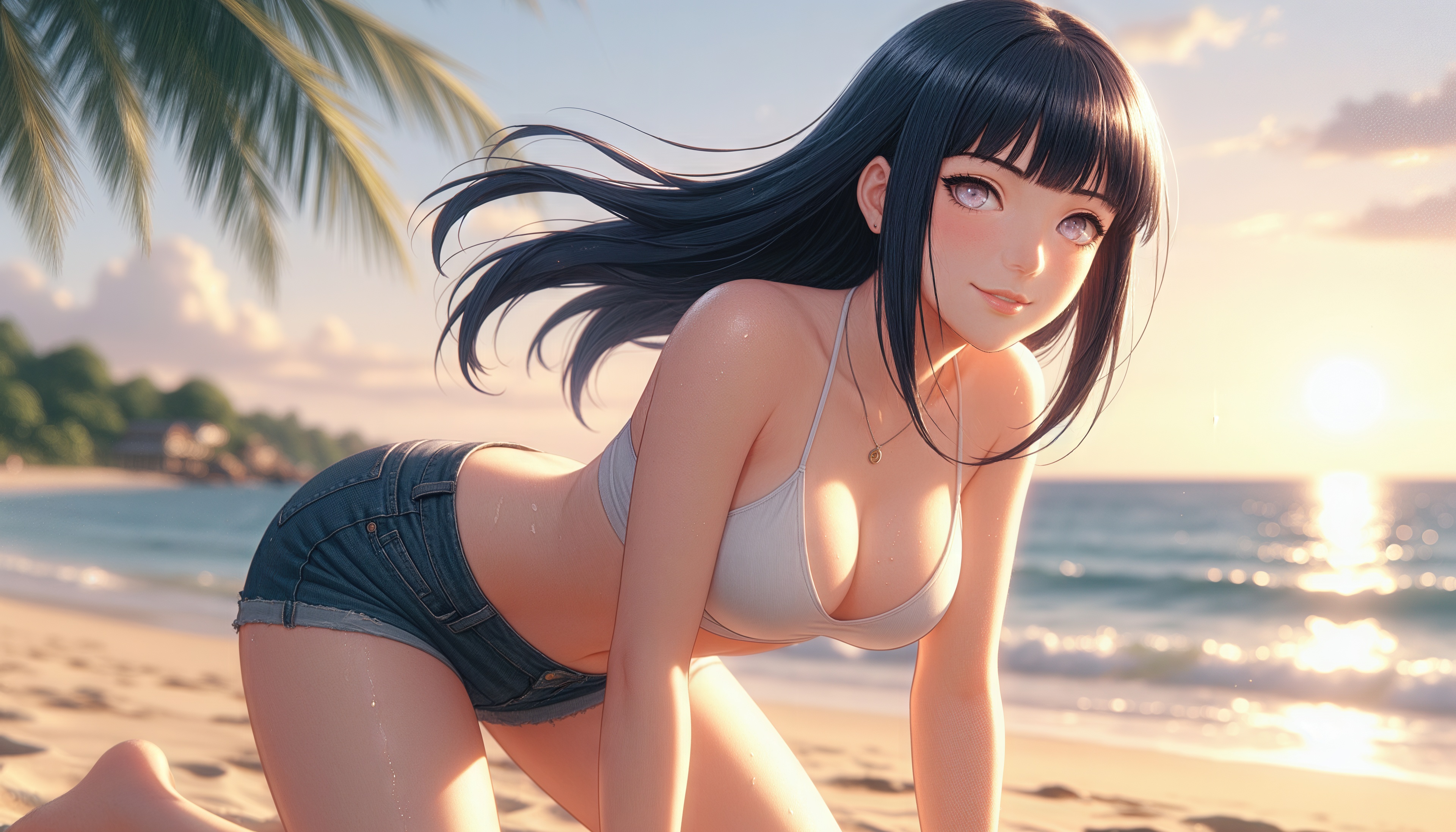 Бесплатное фото Хината встречает закат у кромки воды, волосы играют на ветру.