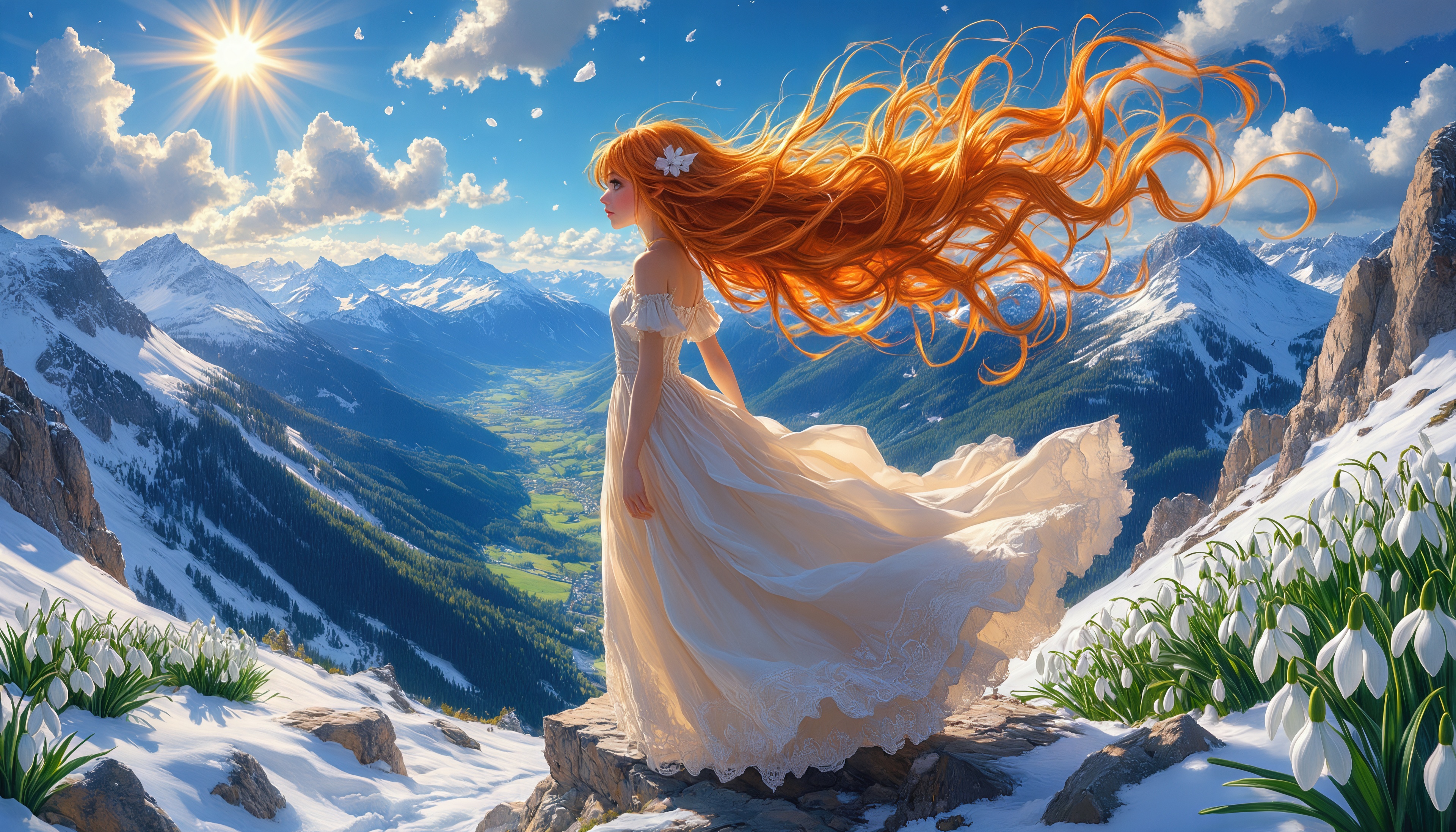 免费照片雪峰间悬崖上的红发美女。