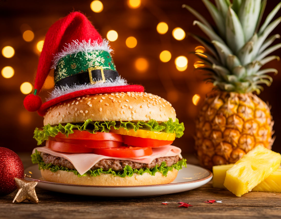 Бесплатная открытка Новогодний бутерброд в шапочке и ананас.