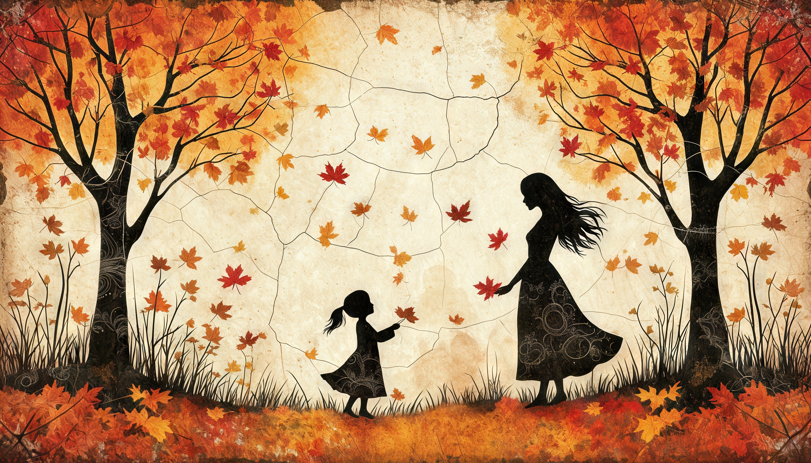 Рисунок на стене матери и ребенка, гуляющих по осеннему лесу.