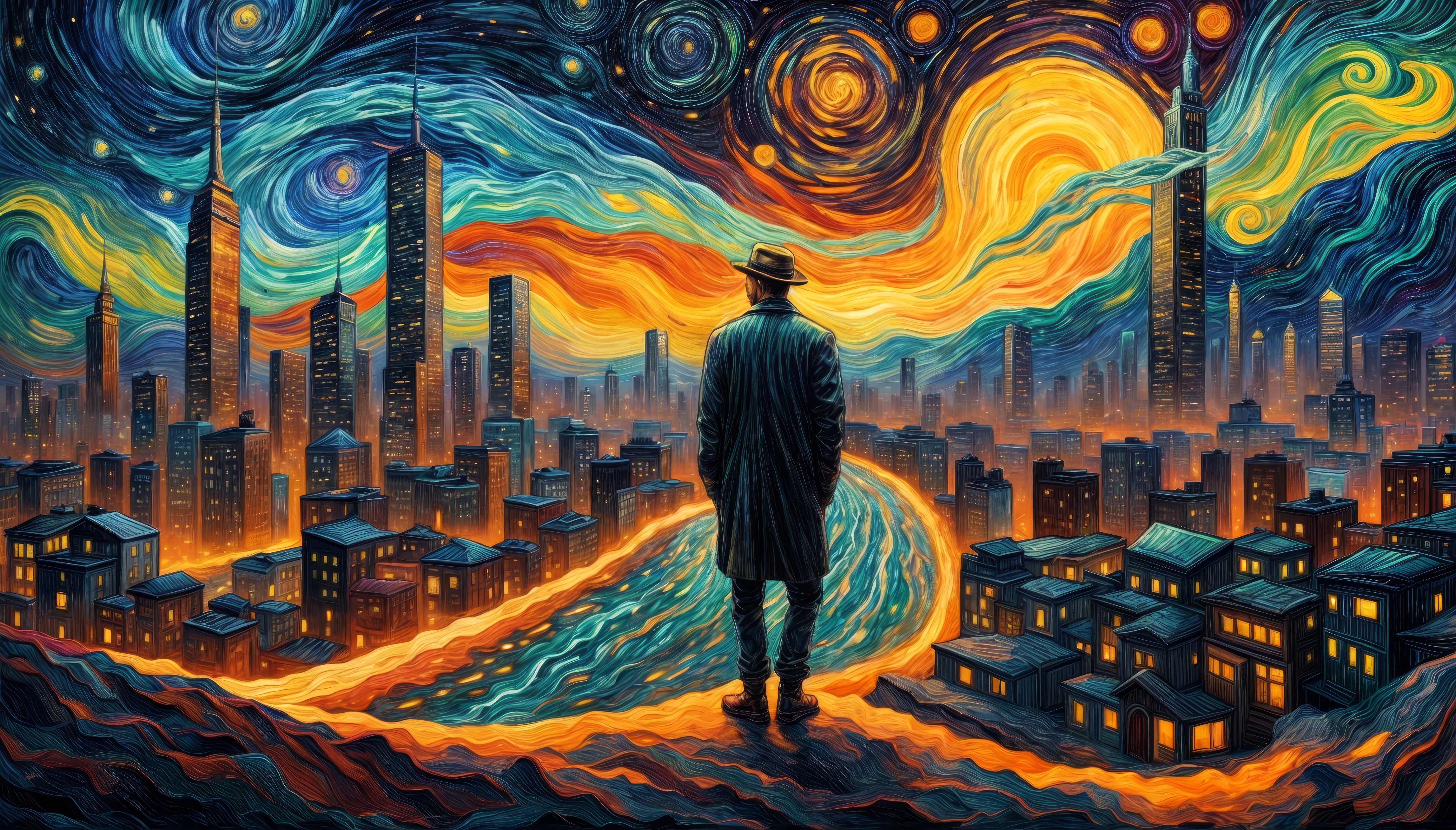 Free photo Man looking at a night scene with colorful lights