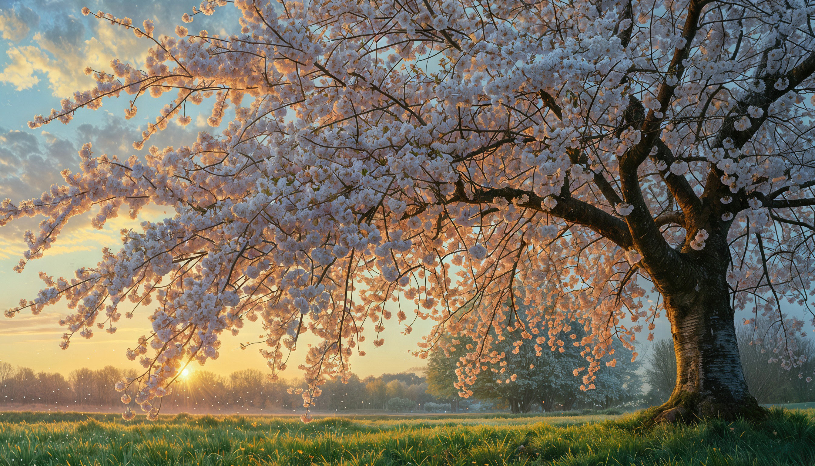 Бесплатное фото Цветущее дерево сакуры на фоне заката.