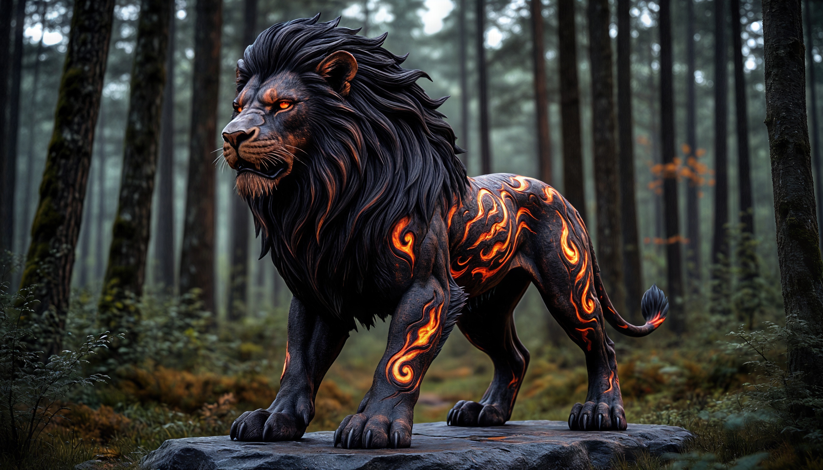 Мифический лев, объятый пламенем, в туманном лесу.
