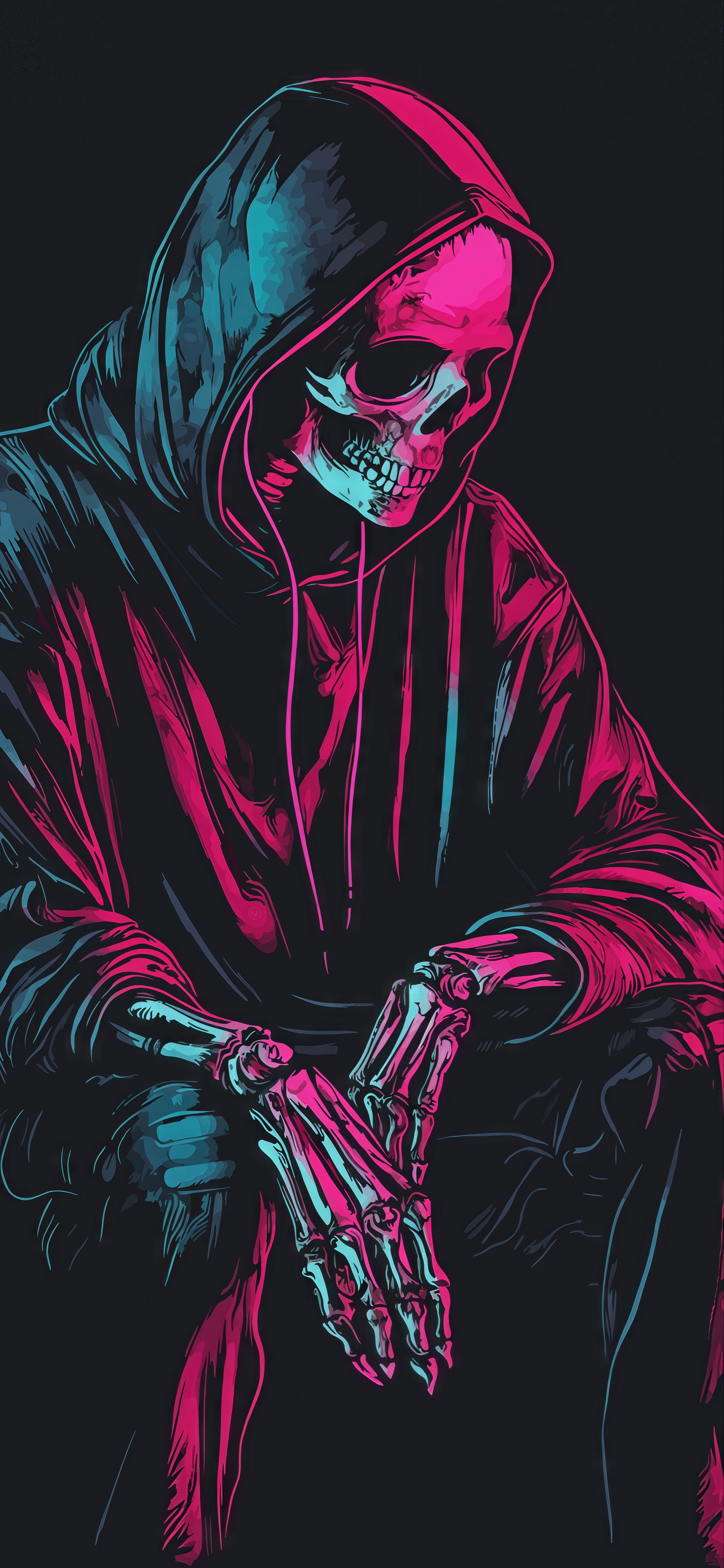 Бесплатное фото Скелет в худи, неоновая эстетика, мрачная атмосфера, готика.