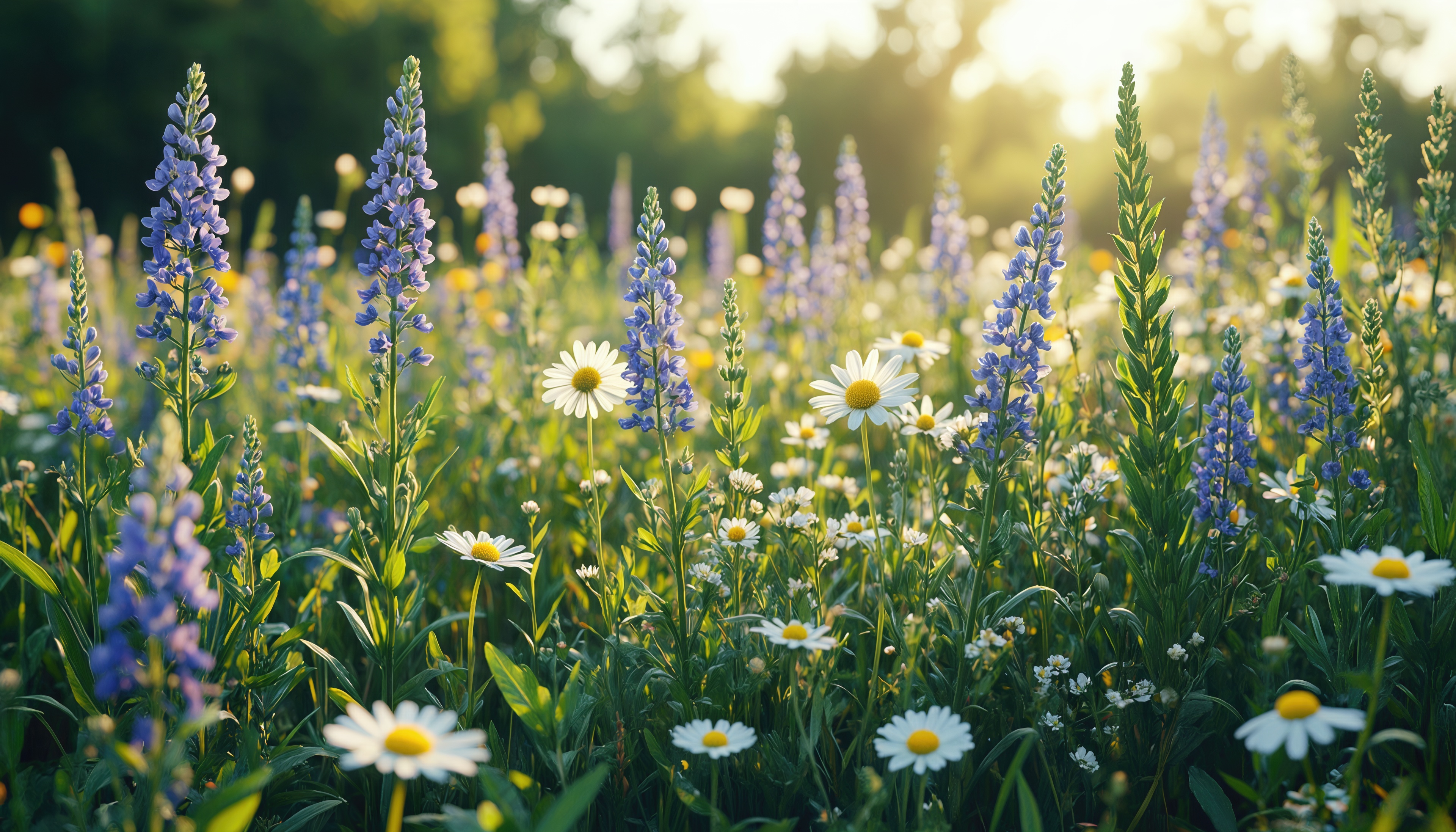 Луг, залитый солнцем, украшен люпинами и ромашками.