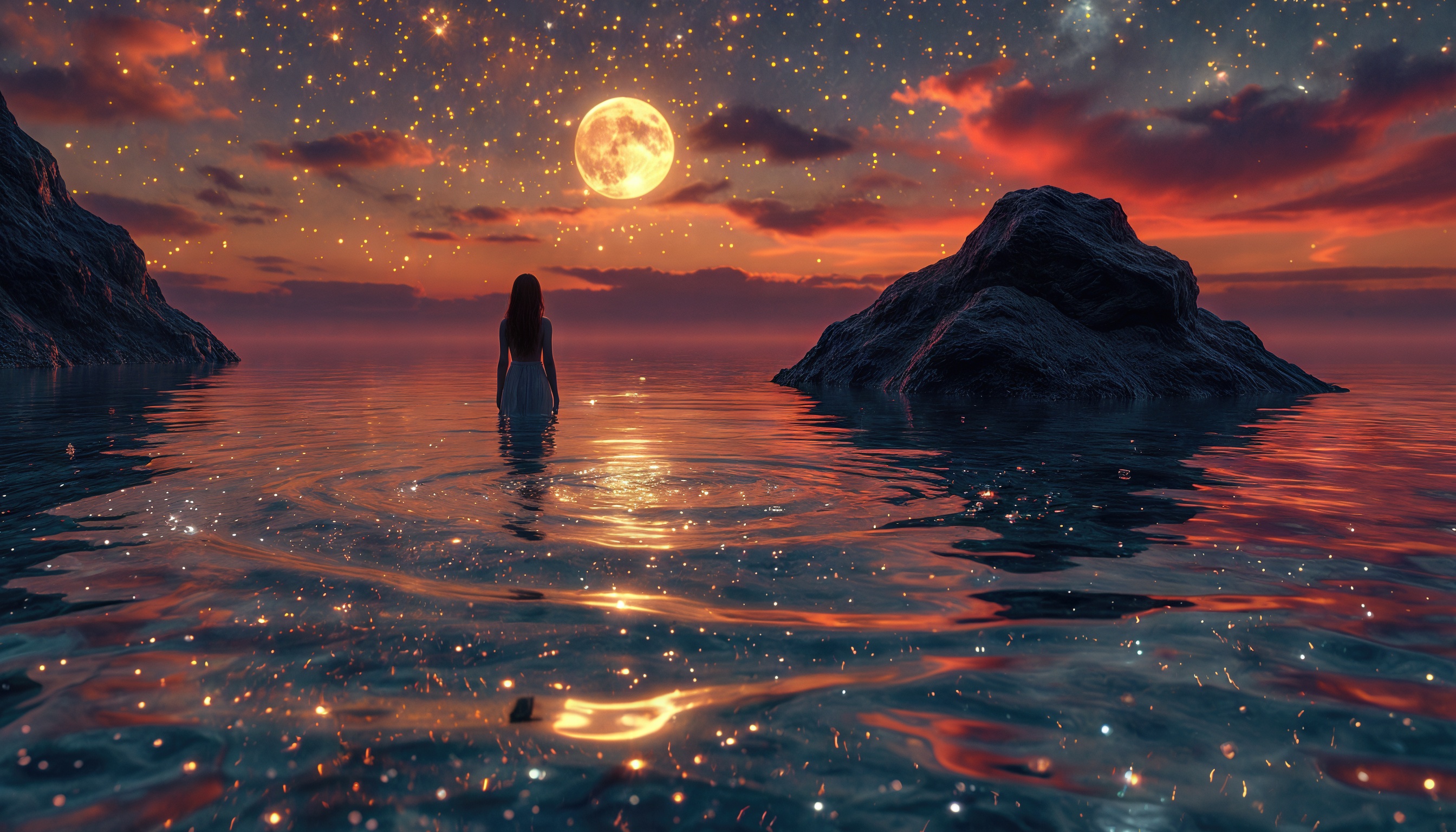 Бесплатное фото Ночной пейзаж с человеком у воды, отражающей луну и звезды, на фоне заката и скал.