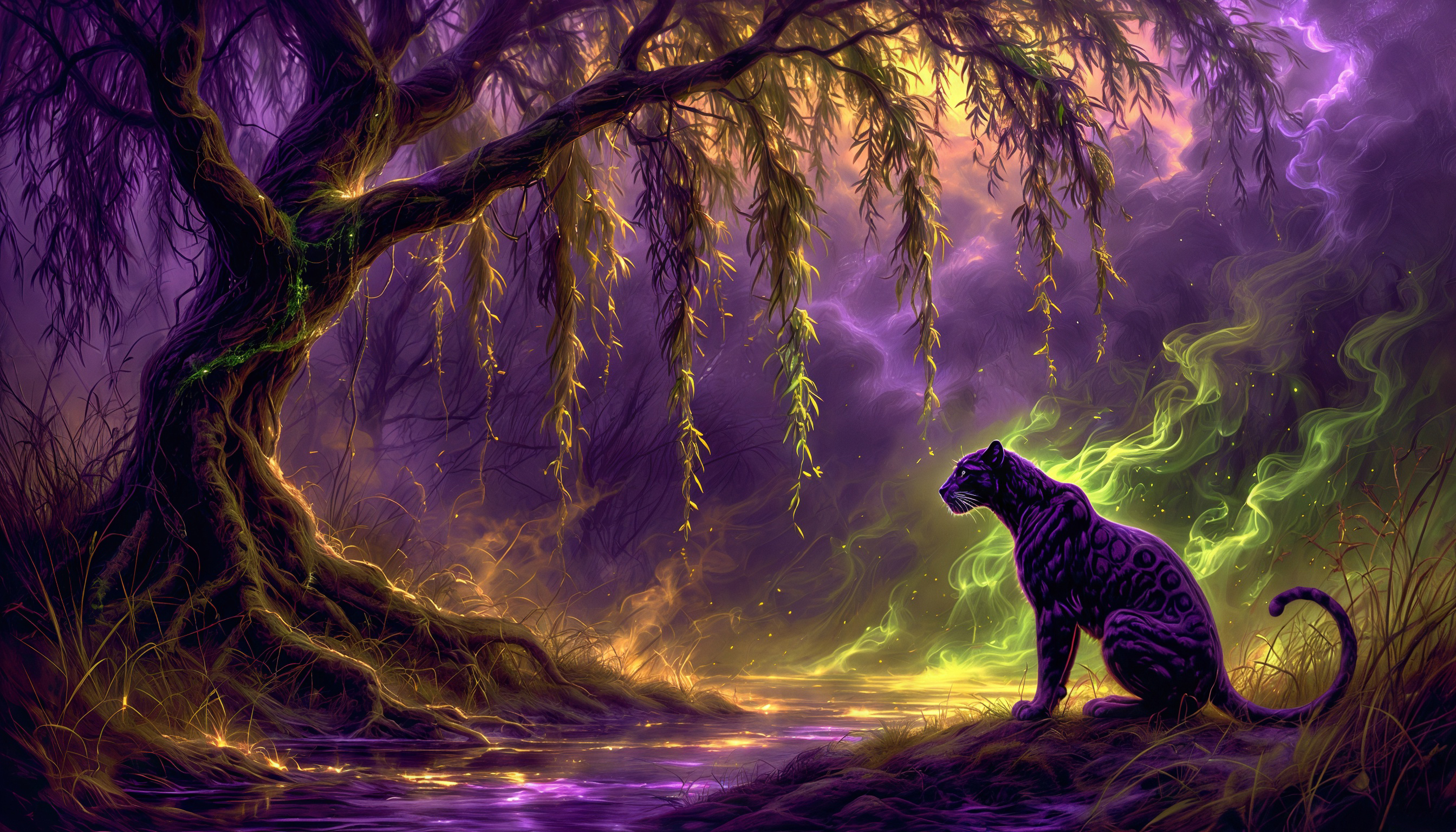Бесплатное фото Пантера сидит на берегу реки в мистическом лесу с фиолетовым небом и густым туманом.