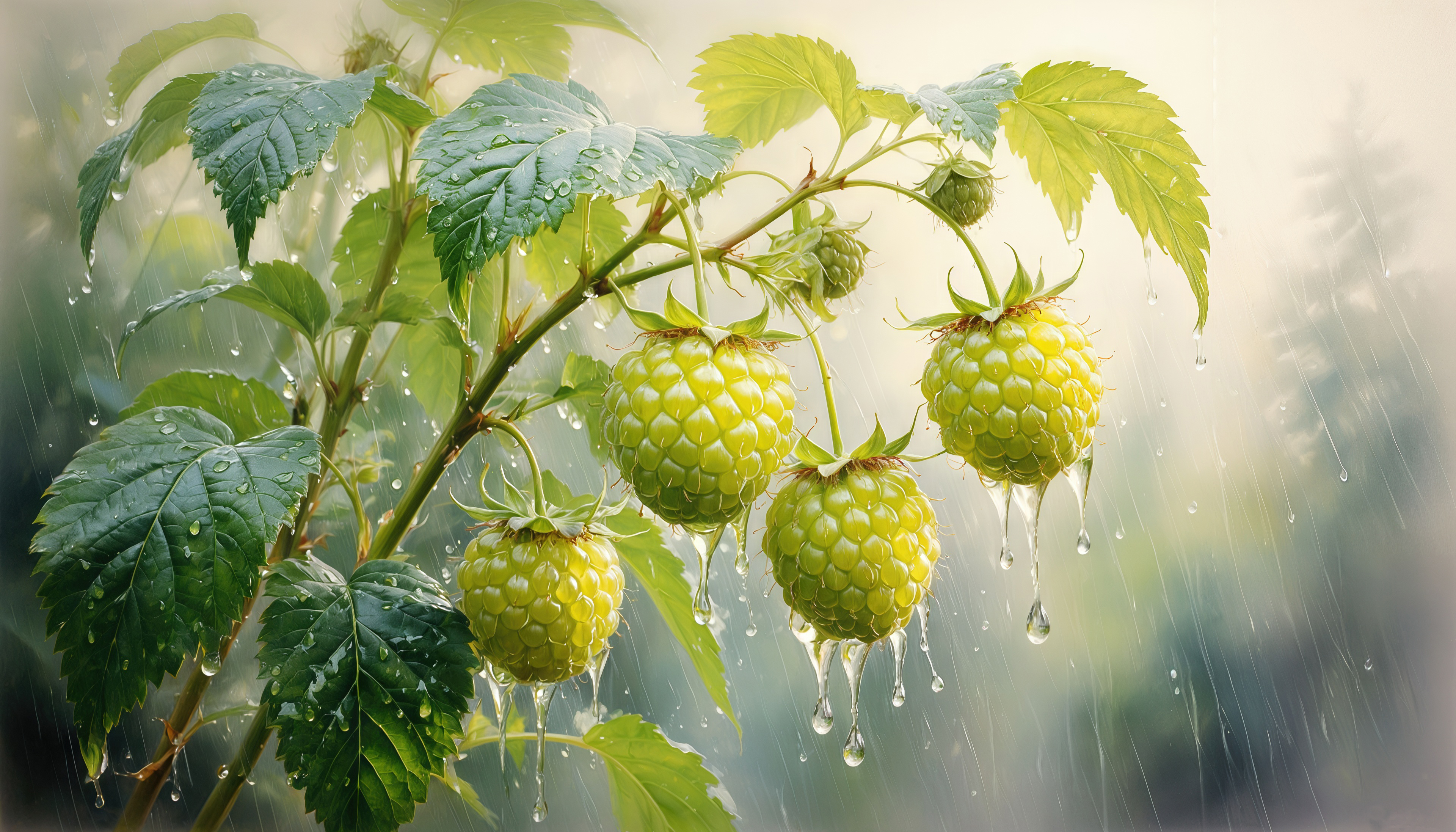 Зелёная малина под дождём, капли сверкают на ягодах и листьях.