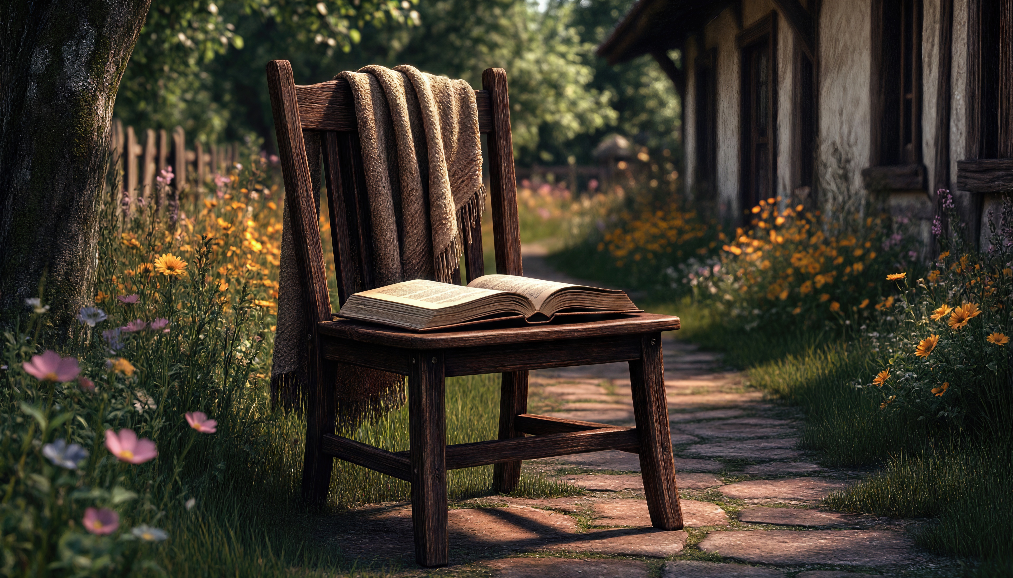 Деревянный стул с книгой и полотенцем в цветущем саду у деревянной постройки.