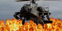 Военный вертолет улетает от взрыва
