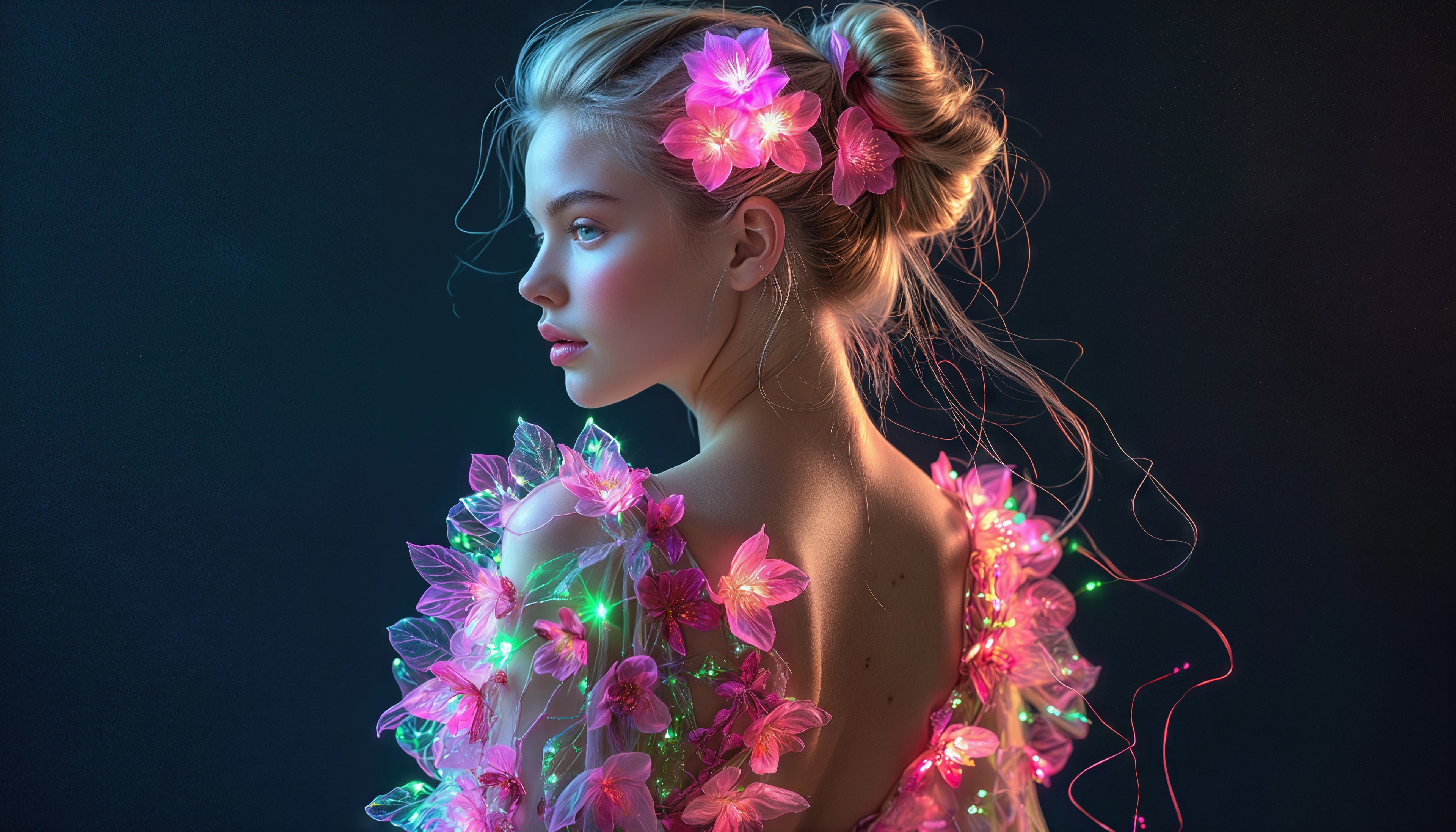 Free photo A girl in profile, decorated with glowing flowers - magic in every petal.
