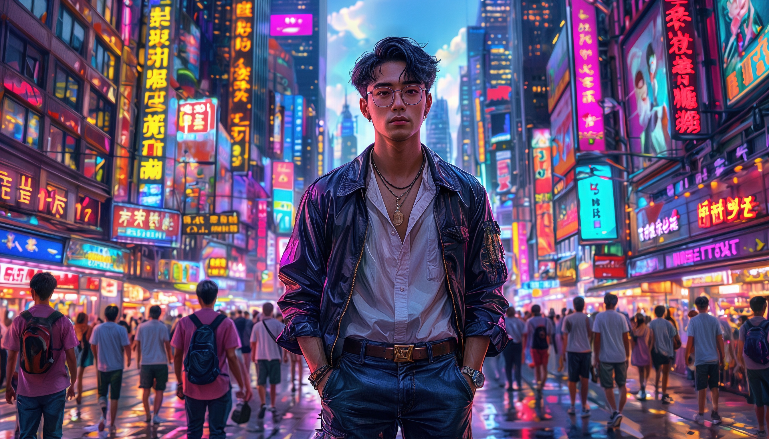 Парень в центре ночной городской сцены с неоновыми вывесками.
