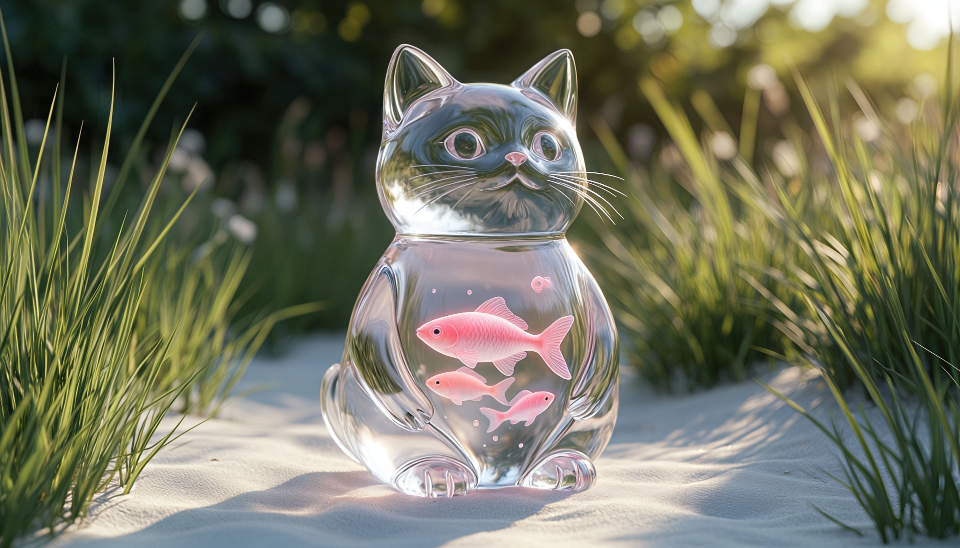 Стеклянный кот с розовыми рыбками внутри сидит на песке.
