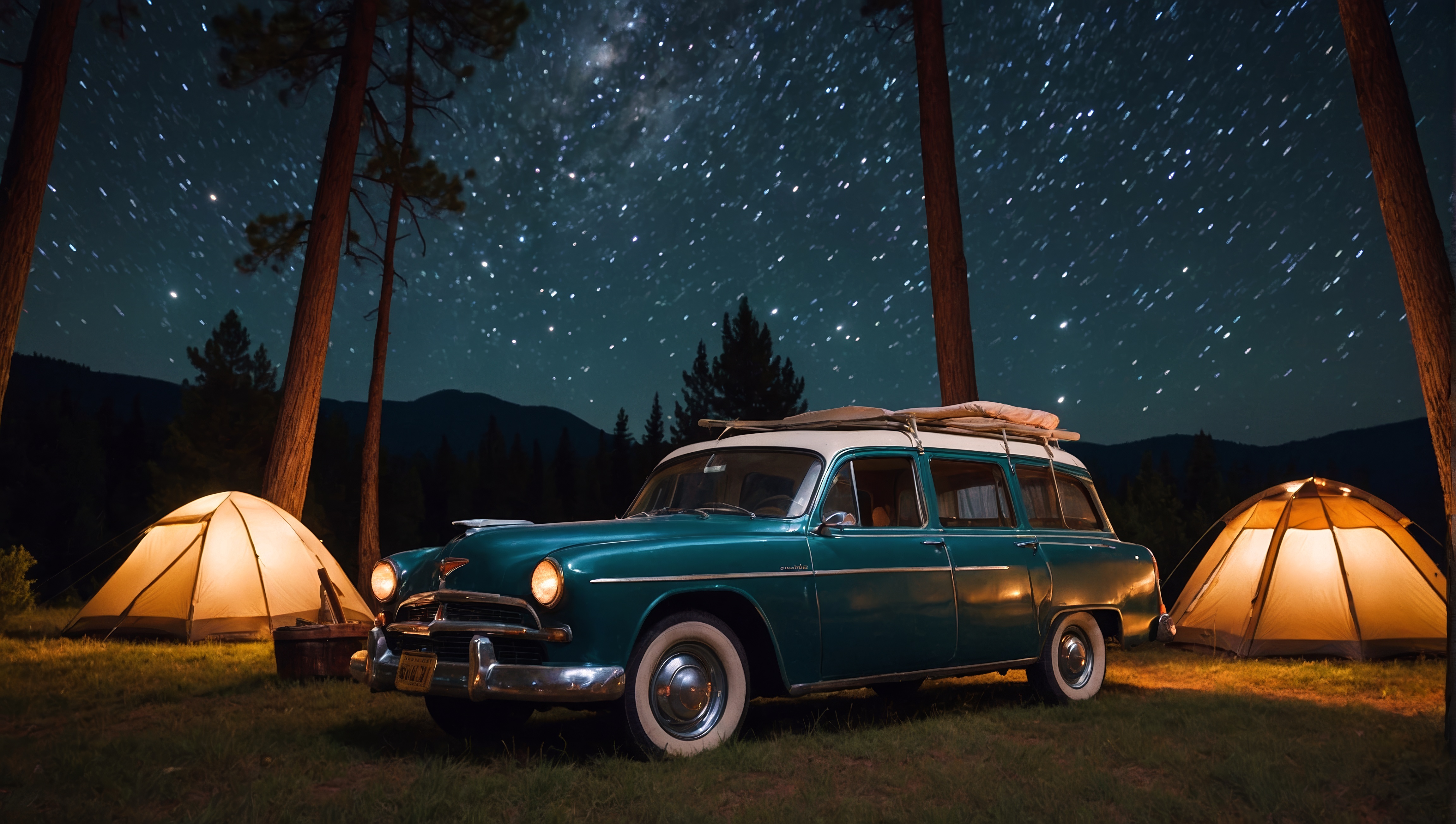 Free photo A vintage car with luggage on the roof in a wooded area