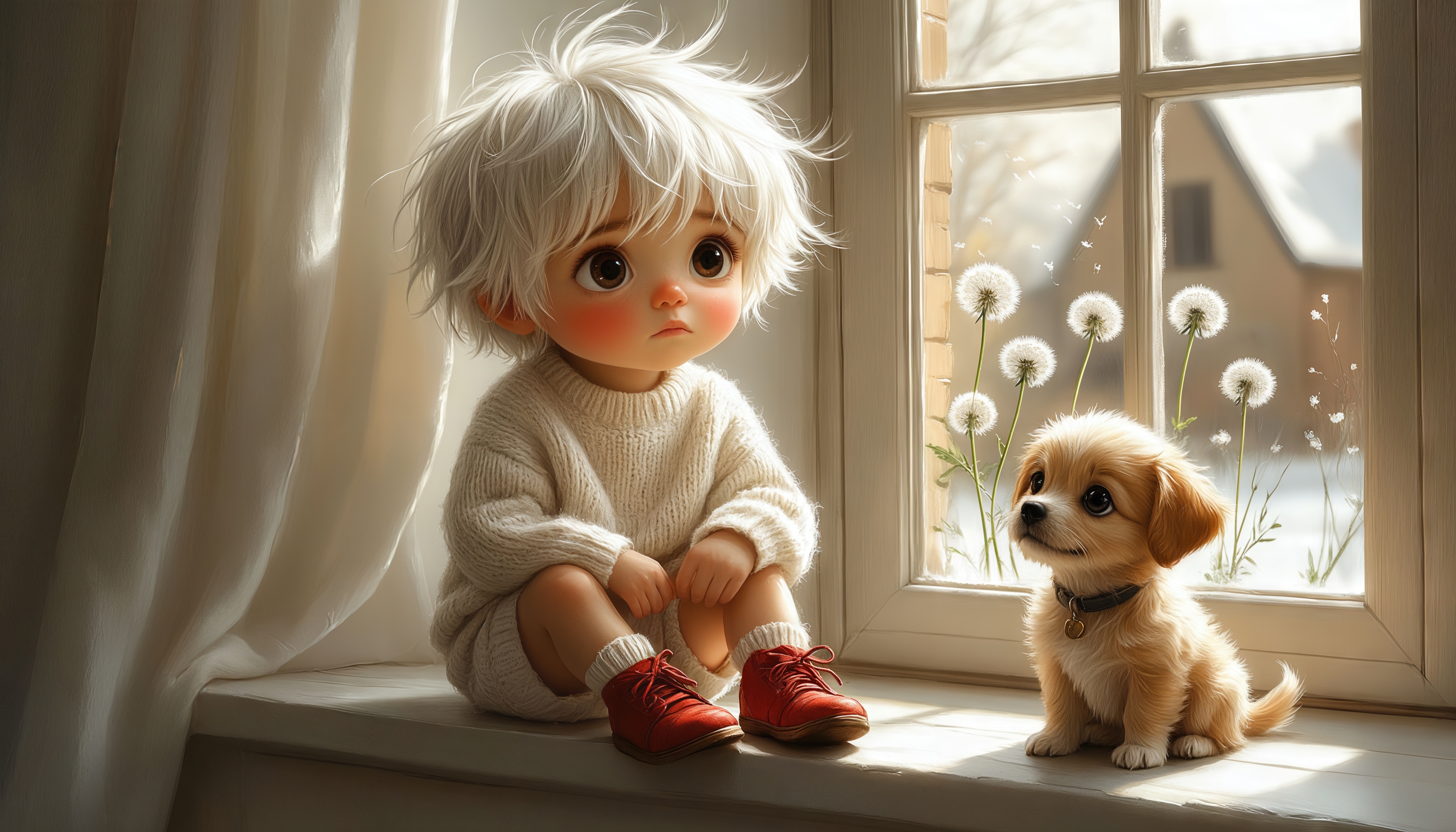 Малыш с щенком сидят на подоконнике в лучах солнца.