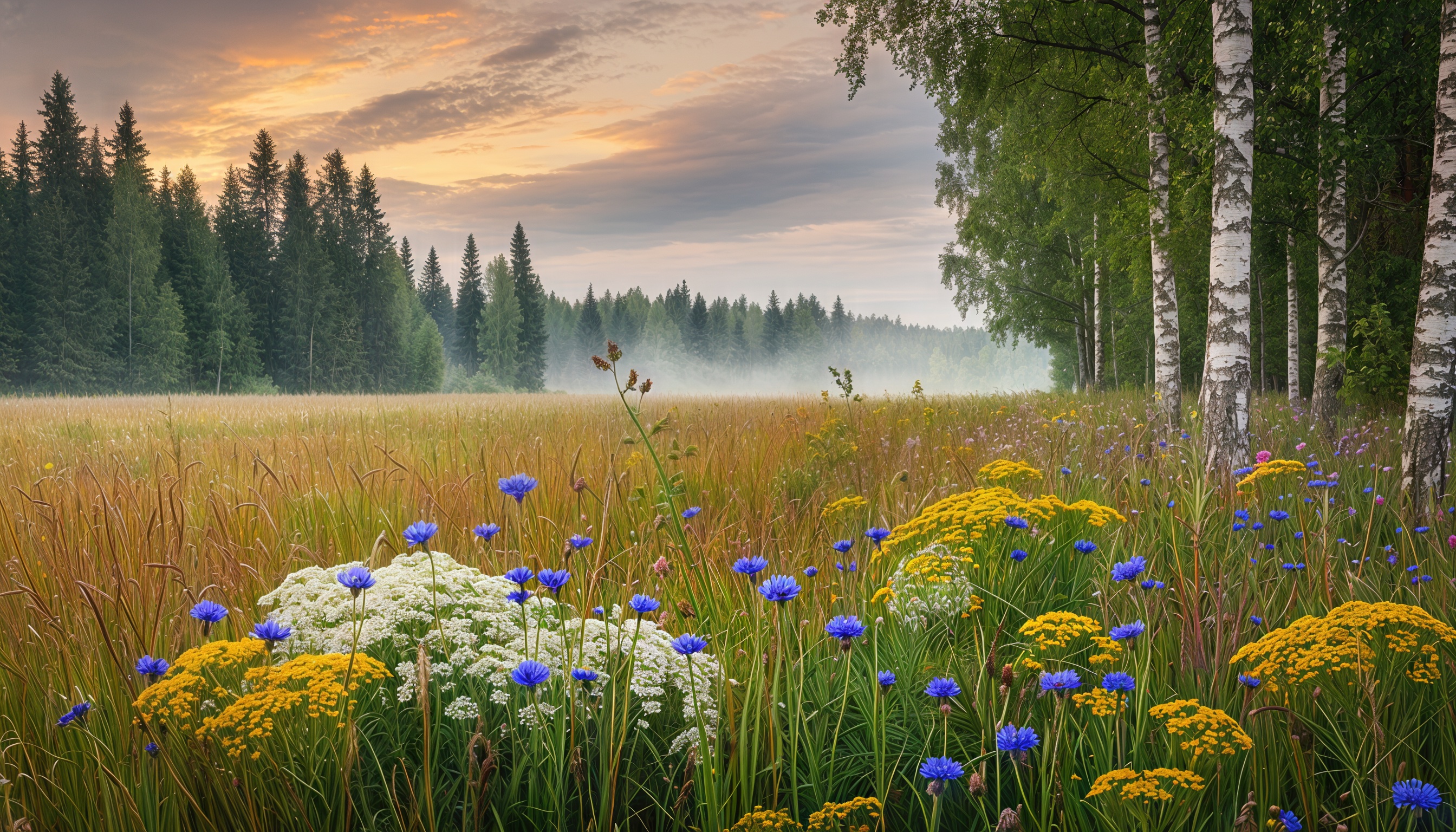 Бесплатное фото Цветущее поле с ромашками, васильками среди еловых и берёзовых деревьев.