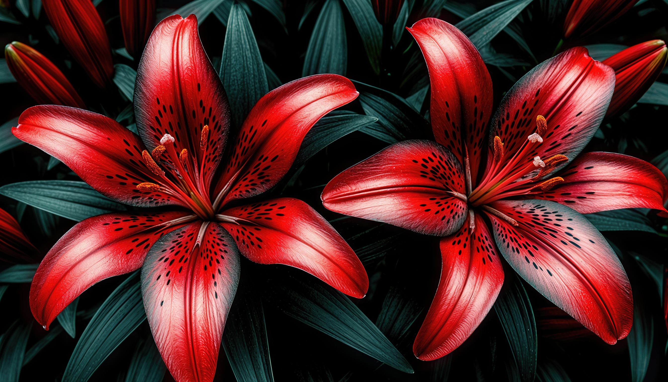 Бесплатное фото Два ярких красных цветка лилии с черными пятнами на лепестках, выделяющиеся на темном фоне.