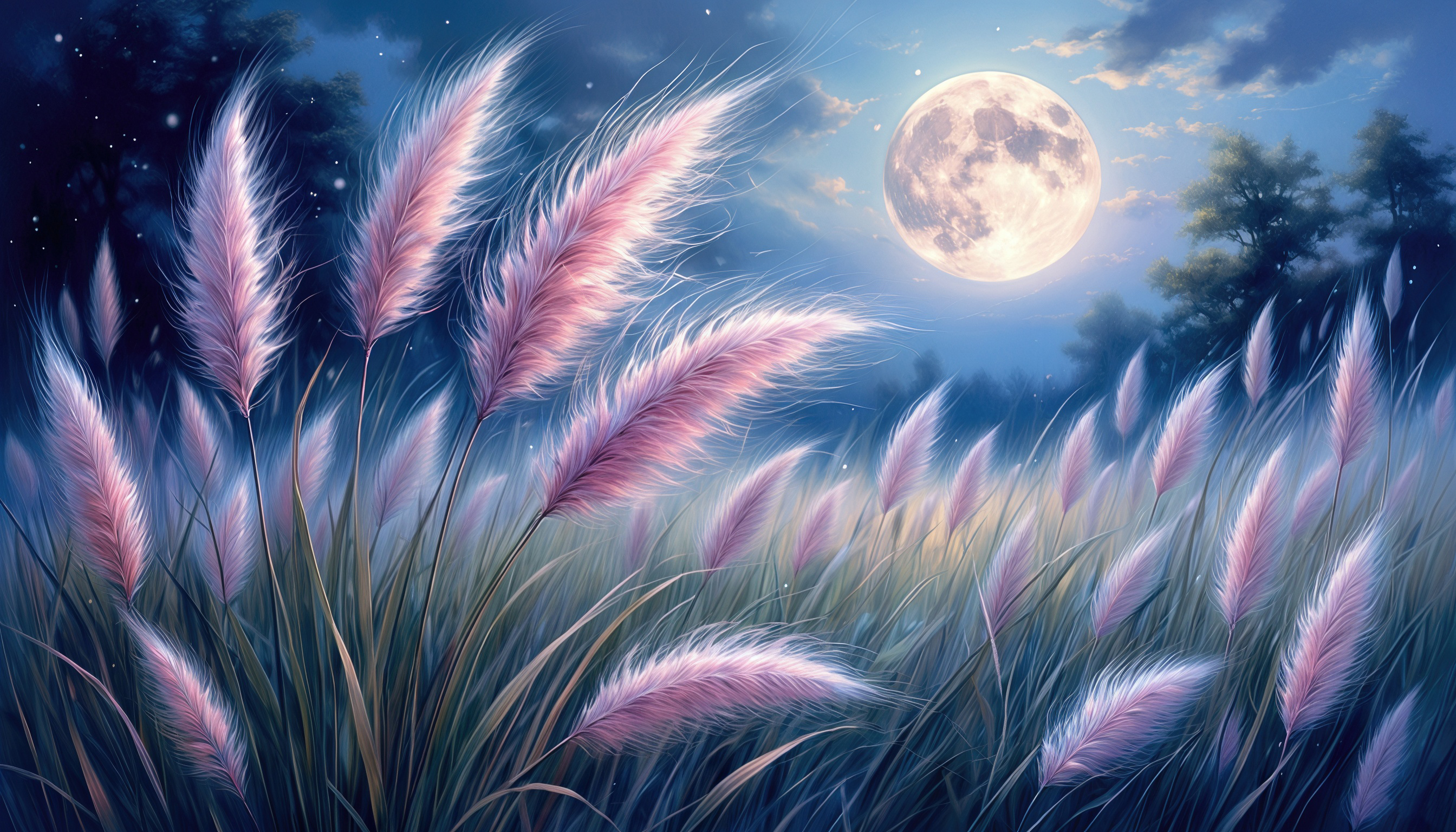 Бесплатное фото Лунная ночь в поле: пушистые метёлки ковыля танцуют в свете луны.