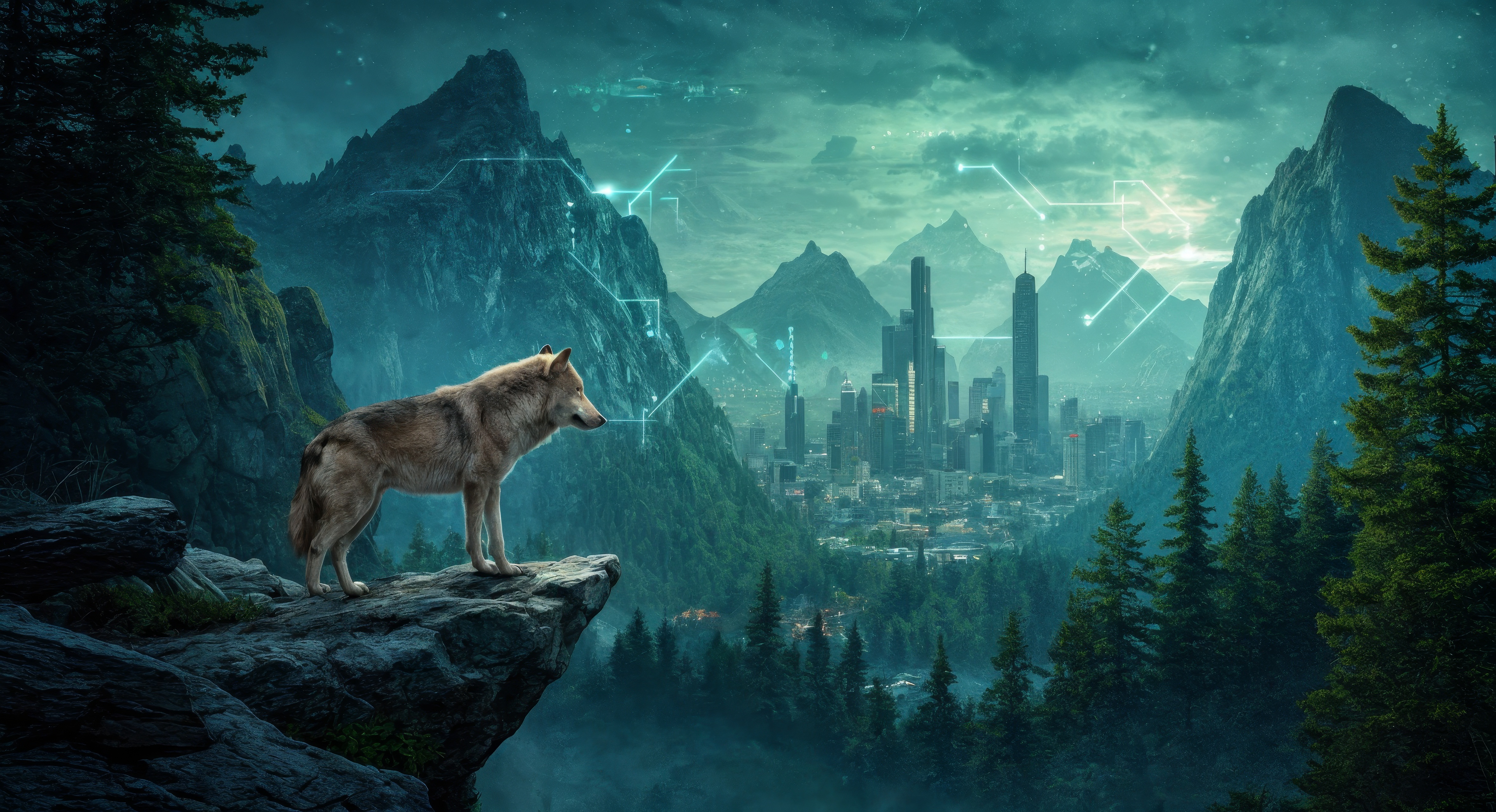 Волк стоит на утесе, окруженном величественными горными хребтами.