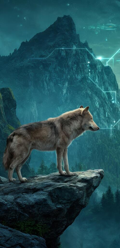 Бесплатное фото Волк стоит на утесе, окруженном величественными горными хребтами.