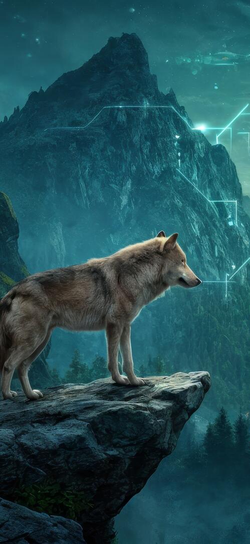Бесплатное фото Волк стоит на утесе, окруженном величественными горными хребтами.